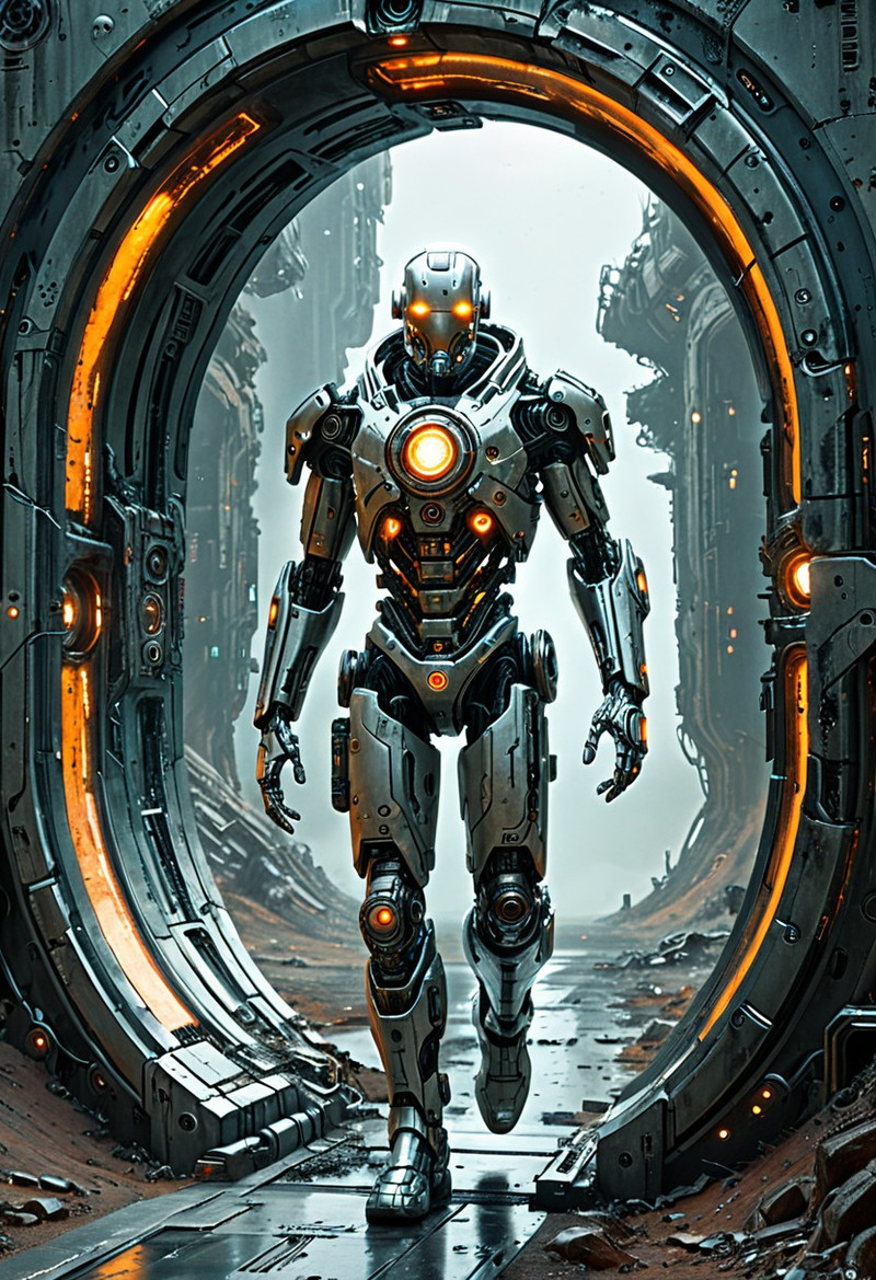 Cyborg passing through a portal, futuristic, post-apocalyptic, steampunk, horror, realism aesthetics, modern m