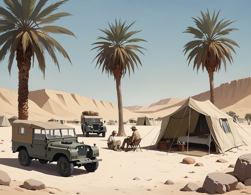 A desert oasis rest stop in North Africa, 1920s, travelers resting under palm trees, old Land Rover parked nearby, canvas tents, vintage explorer gear,, High quality, best quality, masterpiece, muted tones, desaturated colors, loneliness, quiet introspection, stillness, melancholic atmosphere, 1940s American realism, mid-century architecture, vintage clothing styles,  oil painting texture, canvas brush strokes, in the style of an Edward Hopper painting