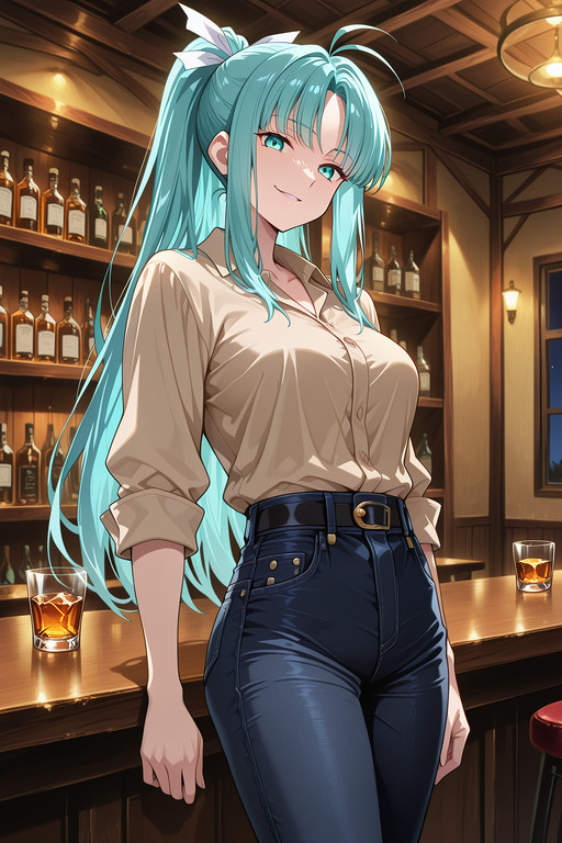 masterpiece, best quality, amazing quality, very aesthetic, absurdres, newest, anime screencap, anime colouring, highres, very detailed, anime, good anatomy, unholy-aesthetic, ultra detailed face,ultra detailed eyes, perfect eyes,

herencia,

night, bar (place), indoors,

1girl, solo,

m1a, aqua hair, parted bang, high ponytail, long hair, antenna hair, sidelocks, aqua eyes, medium breasts,
hair ribbon, white ribbon,

business shirt, beige shirt, black jeans, (low jeans:1.2), black belt, rolled up sleeves,

whiskey glass,

{
standing|
standing, from below|
standing, hand on hip|
dynamic pose|
standing, bent over, close up|
standing, hand behind head|
standing, bent over, from above|
standing, bent over, from below|
standing, bent over, from above, close up, hand behind head|
standing, bent over, from below, close up, hand behind head|
sitting|
from behind, ass|
from behind, ass support
},

sadistic smirk, 

looking at viewer,

addmicrodetails,
