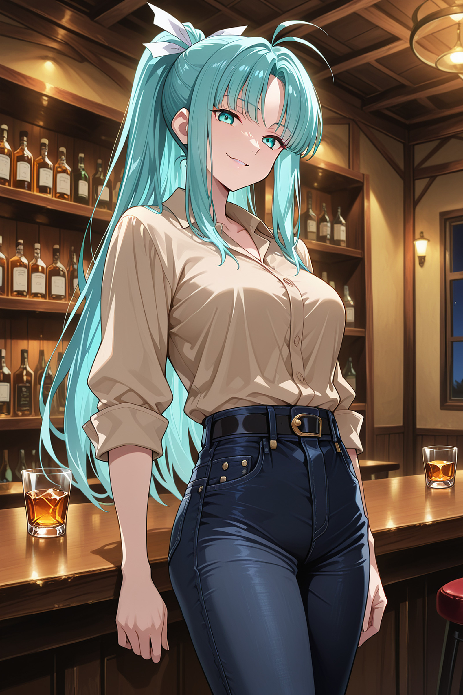 masterpiece, best quality, amazing quality, very aesthetic, absurdres, newest, anime screencap, anime colouring, highres, very detailed, anime, good anatomy, unholy-aesthetic, ultra detailed face,ultra detailed eyes, perfect eyes,

herencia,

night, bar (place), indoors,

1girl, solo,

m1a, aqua hair, parted bang, high ponytail, long hair, antenna hair, sidelocks, aqua eyes, medium breasts,
hair ribbon, white ribbon,

business shirt, beige shirt, black jeans, (low jeans:1.2), black belt, rolled up sleeves,

whiskey glass,

{
standing|
standing, from below|
standing, hand on hip|
dynamic pose|
standing, bent over, close up|
standing, hand behind head|
standing, bent over, from above|
standing, bent over, from below|
standing, bent over, from above, close up, hand behind head|
standing, bent over, from below, close up, hand behind head|
sitting|
from behind, ass|
from behind, ass support
},

sadistic smirk, 

looking at viewer,

addmicrodetails,
