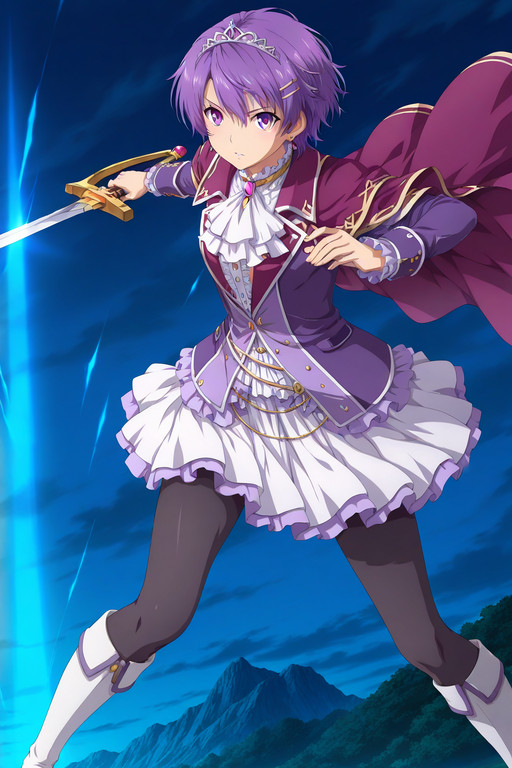 dynamic pose, fighting stance, 
 <lora:Klaudia-von-Auslese_lL_v01.1:1> klaudia-von-auslese, purple hair, purple eyes, short hair, hair ornament, hairclip, earrings, boots, high heel boots, jewelry, high heels, tiara, cape, earrings, white footwear, frills, pantyhose, dress, long sleeves, skirt, knee boots, center frills, ascot, brooch, purple cape, jacket, purple jacket
weapon, sword, holding weapon, holding, holding sword, (HDR), (intricate details), newest, (amazing quality:0.5), absurdres, highres, 8k resolution, film grain, soft lighting, anime, (anime screenshot:2, anime coloring:2), detailed background, 8k, masterpiece, best quality, very aesthetic
1girl, solo,
