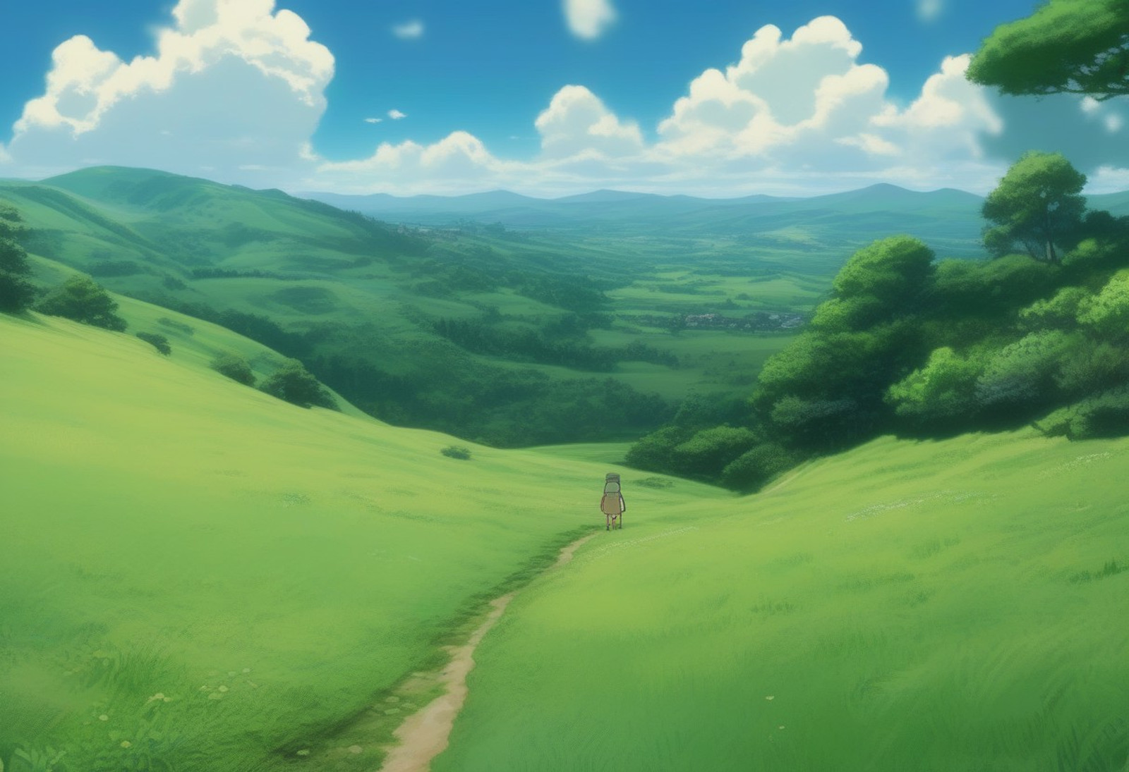 <lora:Studio Ghibli Style:1>Studio Ghibli Style - Anime style image. A rolling green hill covered in vibrant, lush grass. The grass has a slight texture and gradient due to the light.
A bright, clear, sunny day with a deep blue sky dotted with puffy, white cumulus clouds. The scene is outdoors with no visible signs of civilization beyond the grass.
Natural sunlight, providing even illumination across the scene, creating soft shadows and highlighting the texture of the grass.
Wide-angle shot with a low horizon line, emphasizing the vastness of the sky and the rolling landscape. The composition is simple and balanced, drawing the eye across the scene.