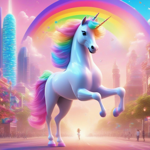 A futuristic cyberpunk city street completely transformed into a magical rainbow unicorn utopia, towering skyscrapers capped with giant sparkly unicorn horns, oceans of pastel glows and rainbow gradients replacing neon lights. In the center, a majestic robotic-unicorn hybrid with flowing iridescent mane-hair prancing gracefully. The air is filled with glowing butterfly swarms and glittering candy floss clouds. Hyper-detailed, vibrant cinematic lighting, highly aesthetic, whimsical, masterpiece, enchanted dreamscape, SFW.