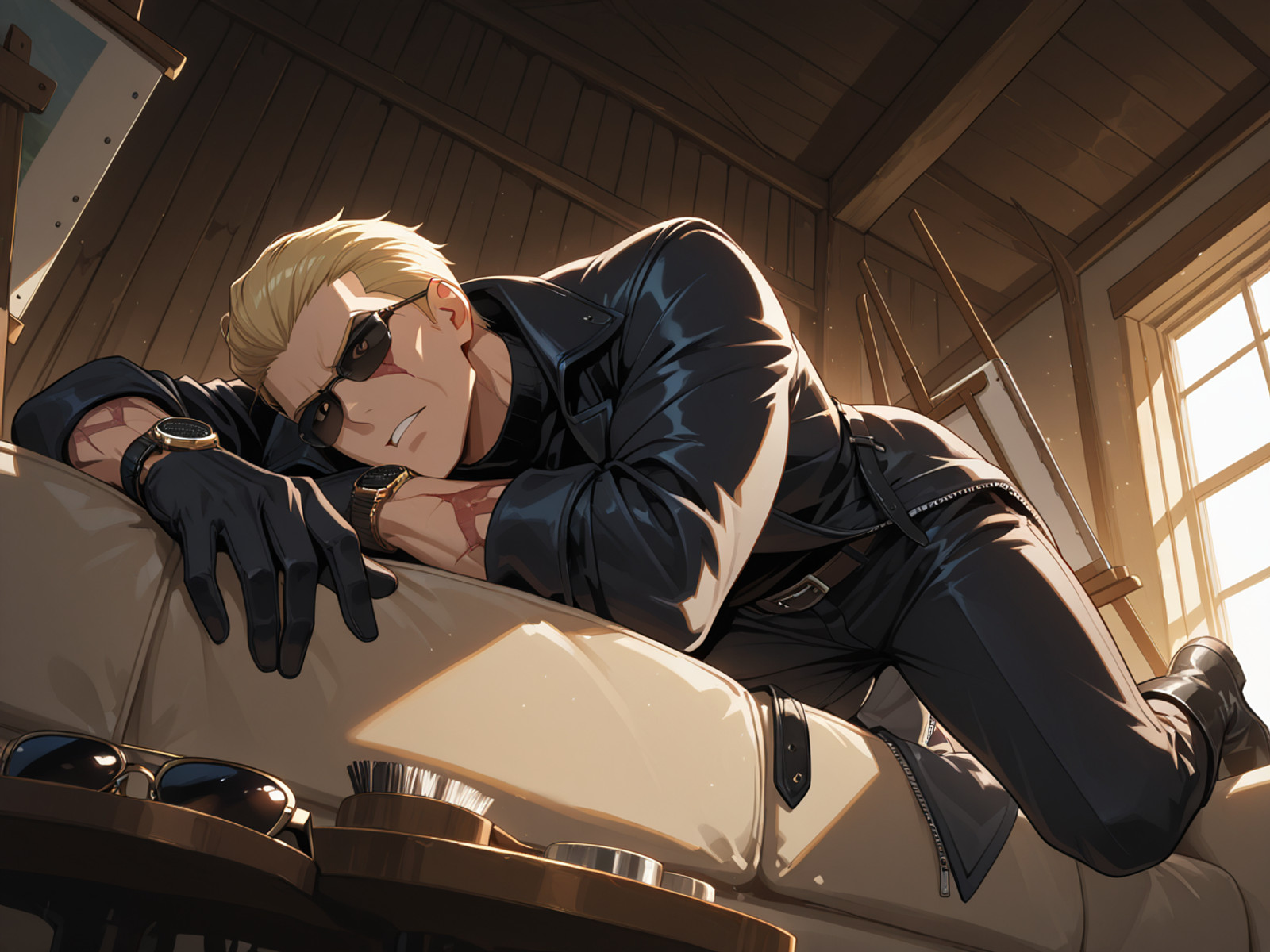 source_anime, absolutely gorgeous, ray tracing, interesting, exciting, spectacular, wonderful, amazing quality, absolutely eye-catching, very awa, lazypos1, (Sharp:1.5), (rendered:1.3),
BREAK best aesthetic, absurdres, anime illustration, Volumetric_Lighting, ultra-detailed, very aesthetic, intricate details, best_quality, anime style, Dramatic Lighting, perfect composition, dynamic lighting, vibrant colors, sharp lines, soft anime shading, smooth soft shadows, gradual shadow transitions, gentle gradients on skin and clothes, blended shading, soft diffuse shadows, airbrushed shadows, subtle soft highlights and shadows, (soft shading:1.35), (smooth gradients:1.3), volumetric soft lighting, cinematic soft shadows,
BREAK (((lies on their stomach on a sofa, propped up on elbows, looking mischievous as they peek at the camera))), dynamic pose, F4st,
BREAK Adult male, MiddleAged male, 45 years old male, male focus, (((<lora:albertwesker-guy-PONYv1:0.8>, albertwesker, 1boy, toned, athletic, fit, mature male))), glistening skin, perfection style, perfection, five fingers,
BREAK (((wearing black gloves, watch, belt, black coat, black pants, black turtleneck, zipper, black boots, open coat, simple coat))), ((sunglasses:1.3)),
BREAK ((slicked back hair, (short hair:1.7), blonde)),
BREAK ((angular face, sharp_featured face, handsome, charming, alluring)), orange iris, (sharp iris details), intricate iris detail, expressive eyes, perfect eyes, eyes hd, detailed eyes, pair of eyes, iris lines, double catchlights,
BREAK (((focused, intense glare, apathetic, contemptuous))), Expressive, emotional, Face Detailed,
BREAK (((set in artistâs studio with easel, scattered brushes, and daylight window))), (((<lora:below_above_ILXL:-4>))), dynamic angle, 4k, 8k, Ultra HD, Masterpiece, Best quality, Detailed background, foreshortening, extreme perspective,