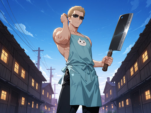 source_anime, absolutely gorgeous, ray tracing, interesting, exciting, spectacular, wonderful, amazing quality, absolutely eye-catching, very awa, lazypos1, (Sharp:1.5), (rendered:1.3),
BREAK best aesthetic, absurdres, anime illustration, Volumetric_Lighting, ultra-detailed, very aesthetic, intricate details, best_quality, anime style, Dramatic Lighting, perfect composition, dynamic lighting, vibrant colors, sharp lines, soft anime shading, smooth soft shadows, gradual shadow transitions, gentle gradients on skin and clothes, blended shading, soft diffuse shadows, airbrushed shadows, subtle soft highlights and shadows, (soft shading:1.35), (smooth gradients:1.3), volumetric soft lighting, cinematic soft shadows,
BREAK (((holding own hair ))), dynamic pose, F4st,
BREAK Adult male, MiddleAged male, 45 years old male, male focus, (((<lora:albertwesker-guy-PONYv1:0.8>, albertwesker, 1boy, toned, athletic, fit, mature male))), glistening skin, perfection style, perfection, five fingers,
BREAK (((wearing butcher, in an apron with a cleaver))), ((sunglasses:1.3)),
BREAK ((slicked back hair, (short hair:1.7), blonde)),
BREAK ((angular face, sharp_featured face, handsome, charming, alluring)), (piercing glare, blue eyes:1.1), (sharp iris details), intricate iris detail, expressive eyes, perfect eyes, eyes hd, detailed eyes, pair of eyes, iris lines, double catchlights,
BREAK (((admiring and captivated))), Expressive, emotional, Face Detailed,
BREAK (((set in starlight, industrial city, (Countryside_background:1.5)))), (((viewer low-angle crotch))), dynamic angle, 4k, 8k, Ultra HD, Masterpiece, Best quality, Detailed background, foreshortening, extreme perspective,