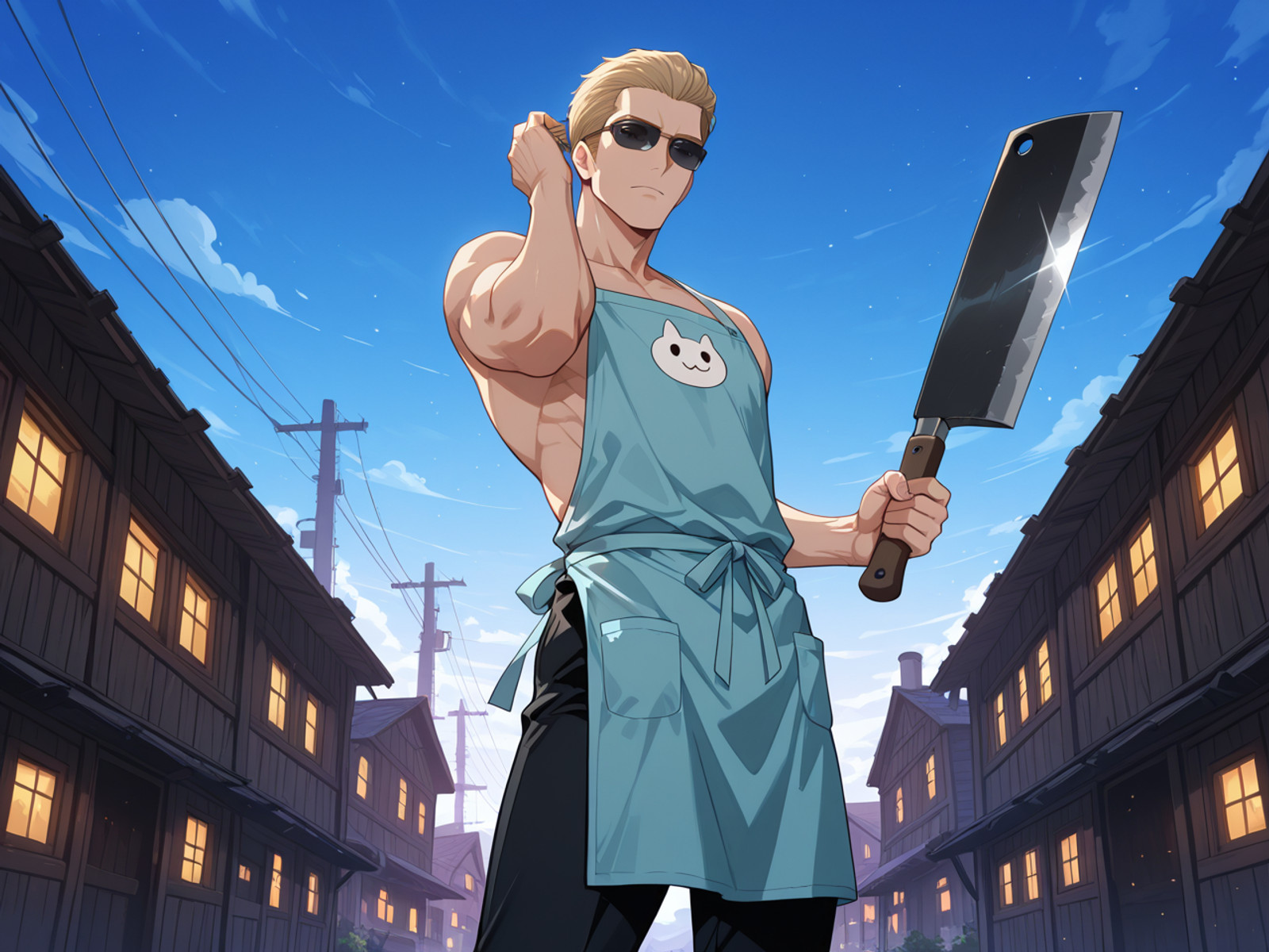 source_anime, absolutely gorgeous, ray tracing, interesting, exciting, spectacular, wonderful, amazing quality, absolutely eye-catching, very awa, lazypos1, (Sharp:1.5), (rendered:1.3),
BREAK best aesthetic, absurdres, anime illustration, Volumetric_Lighting, ultra-detailed, very aesthetic, intricate details, best_quality, anime style, Dramatic Lighting, perfect composition, dynamic lighting, vibrant colors, sharp lines, soft anime shading, smooth soft shadows, gradual shadow transitions, gentle gradients on skin and clothes, blended shading, soft diffuse shadows, airbrushed shadows, subtle soft highlights and shadows, (soft shading:1.35), (smooth gradients:1.3), volumetric soft lighting, cinematic soft shadows,
BREAK (((holding own hair ))), dynamic pose, F4st,
BREAK Adult male, MiddleAged male, 45 years old male, male focus, (((<lora:albertwesker-guy-PONYv1:0.8>, albertwesker, 1boy, toned, athletic, fit, mature male))), glistening skin, perfection style, perfection, five fingers,
BREAK (((wearing butcher, in an apron with a cleaver))), ((sunglasses:1.3)),
BREAK ((slicked back hair, (short hair:1.7), blonde)),
BREAK ((angular face, sharp_featured face, handsome, charming, alluring)), (piercing glare, blue eyes:1.1), (sharp iris details), intricate iris detail, expressive eyes, perfect eyes, eyes hd, detailed eyes, pair of eyes, iris lines, double catchlights,
BREAK (((admiring and captivated))), Expressive, emotional, Face Detailed,
BREAK (((set in starlight, industrial city, (Countryside_background:1.5)))), (((viewer low-angle crotch))), dynamic angle, 4k, 8k, Ultra HD, Masterpiece, Best quality, Detailed background, foreshortening, extreme perspective,