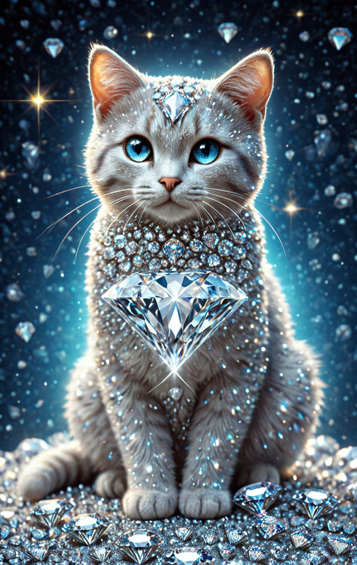 diamondMW, sparkly, <lora:Diamond_World_Morph:0.75> countless diamonds, (cat:1.1), (shiny:0.7), elaborate, (ultra realistic:1.2), cosmic background, safe_pos