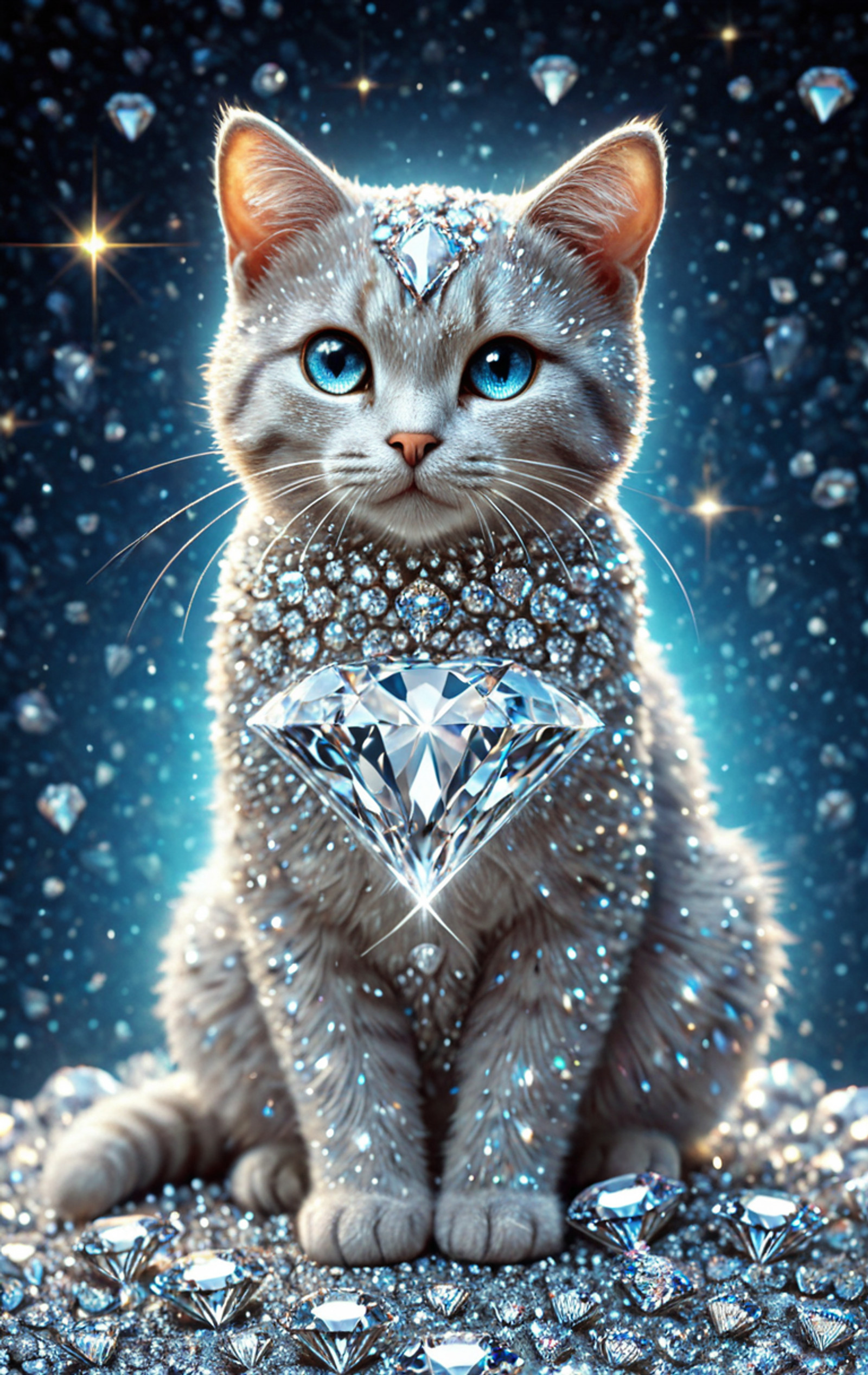 diamondMW, sparkly, <lora:Diamond_World_Morph:0.75> countless diamonds, (cat:1.1), (shiny:0.7), elaborate, (ultra realistic:1.2), cosmic background, safe_pos