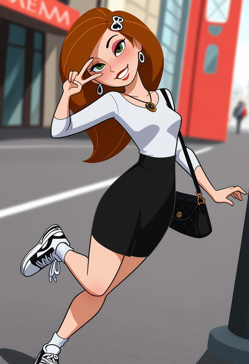 masterpiece, best quality, amazing quality, very aesthetic, absurdres, depth of field, toon, 1girl, (solo_female:1.4), xkimx, brown hair, long hair, green eyes, prefect lips, detailed lips, prefect eyes, detailed eyes, eyeliner, makeup, lipstick, gothic, prefect eyes, detailed eyes, smile, smile, bag, shoes, skirt, blush, contrapposto, standing on one leg, V over eye, eyelashes, fashion, full body, grin, hair ornament, handbag, jewelry, necklace, pencil skirt, shoes, skirt, shirt, sneakers, socks, solo, earrings, hair ornament, necklace, ornament, white socks, athletic body, defined body, glistening skin, head tilt, medium_breasts, slim_figure:1.2), daytime, photoshoot, (cowboy shot)), dynamic angle, depth of field, dramatic lighting, cinematic atmosphere, Expressiveh, dynamic pose