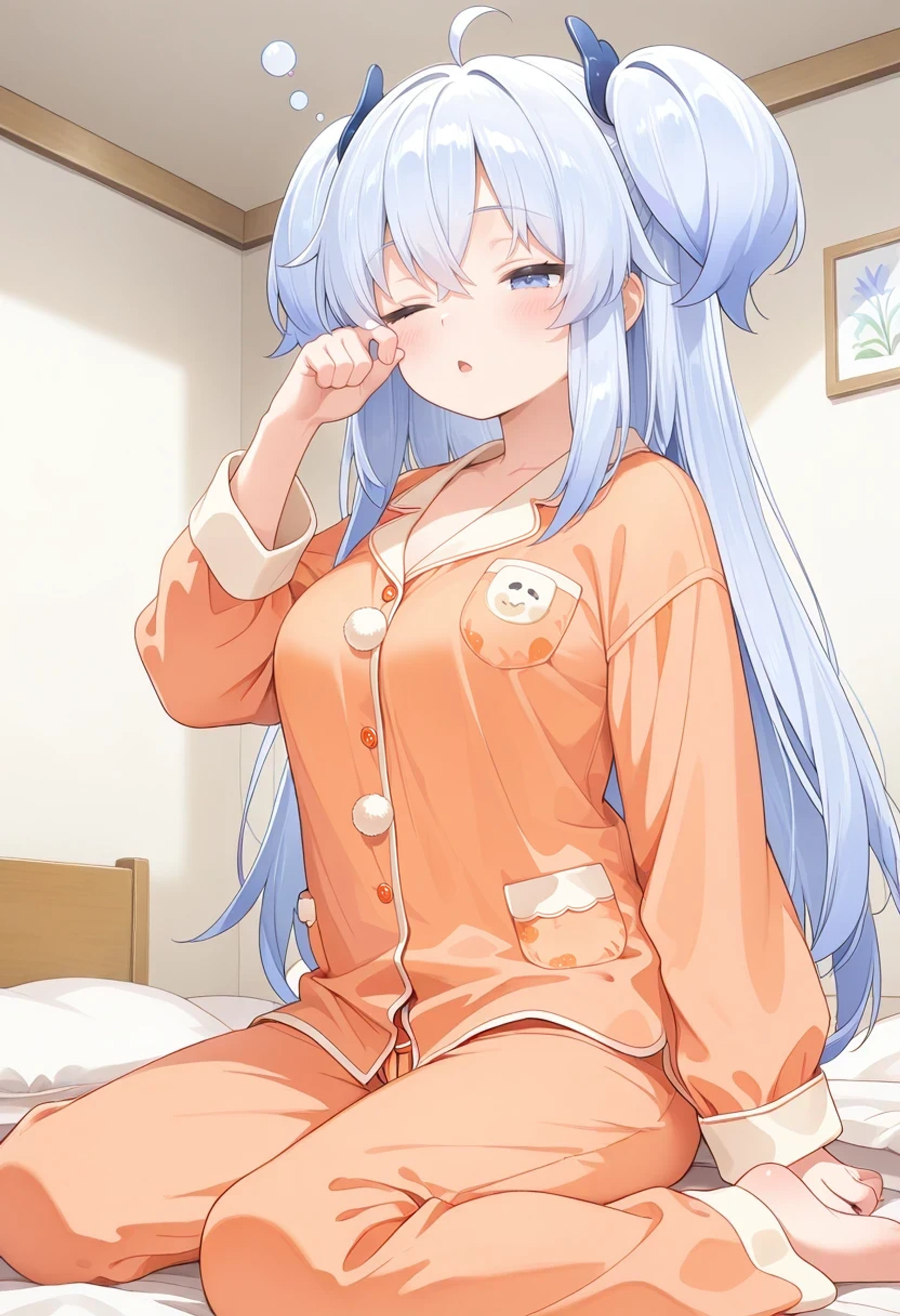 masterpiece,best quality,absurdres,1girl,
sleepy,
indoors,
<lora:training_5545125-20260302075658210:1>,sunao,hair ornament,
orange pajamas,pom pom,orange pants,