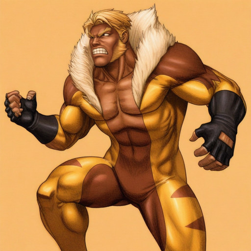 <lora:sabertoothIL:1>,sabertoothIL, solo, blonde hair, 1boy, gloves, male focus, boots, teeth, dark skin, fingerless gloves, muscular, bodysuit, facial hair, dark-skinned male, beard, yellow bodysuit   <lora:edithemad_v2:1> edithemad