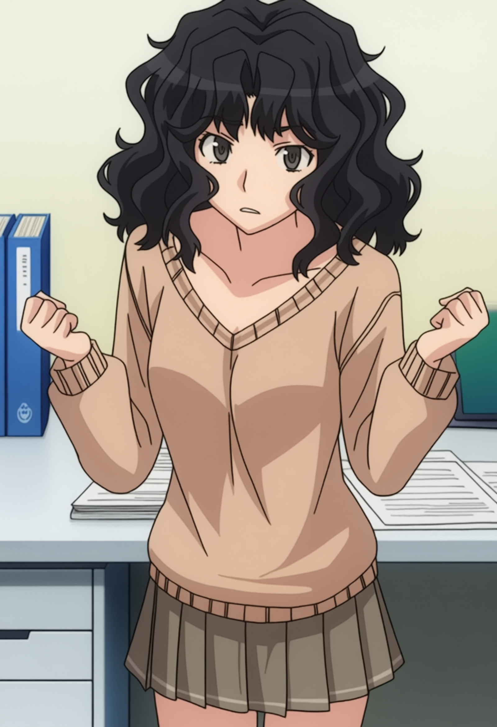 masterpiece, best quality, score_7, amazing quality,, cowboy shot, solo, looking at viewer, transparent background, simple background, white background, <lora:kaoru-tanamachi-s2-anima-lora-nochekaiser:1>, kaoru tanamachi, tanamachi kaoru, black eyes, black hair, messy hair, mature female, medium breasts, anime screencap, grey skirt, pleated skirt, skirt, sweater,, shrugging, office, desk, computer, chair, paperwork,