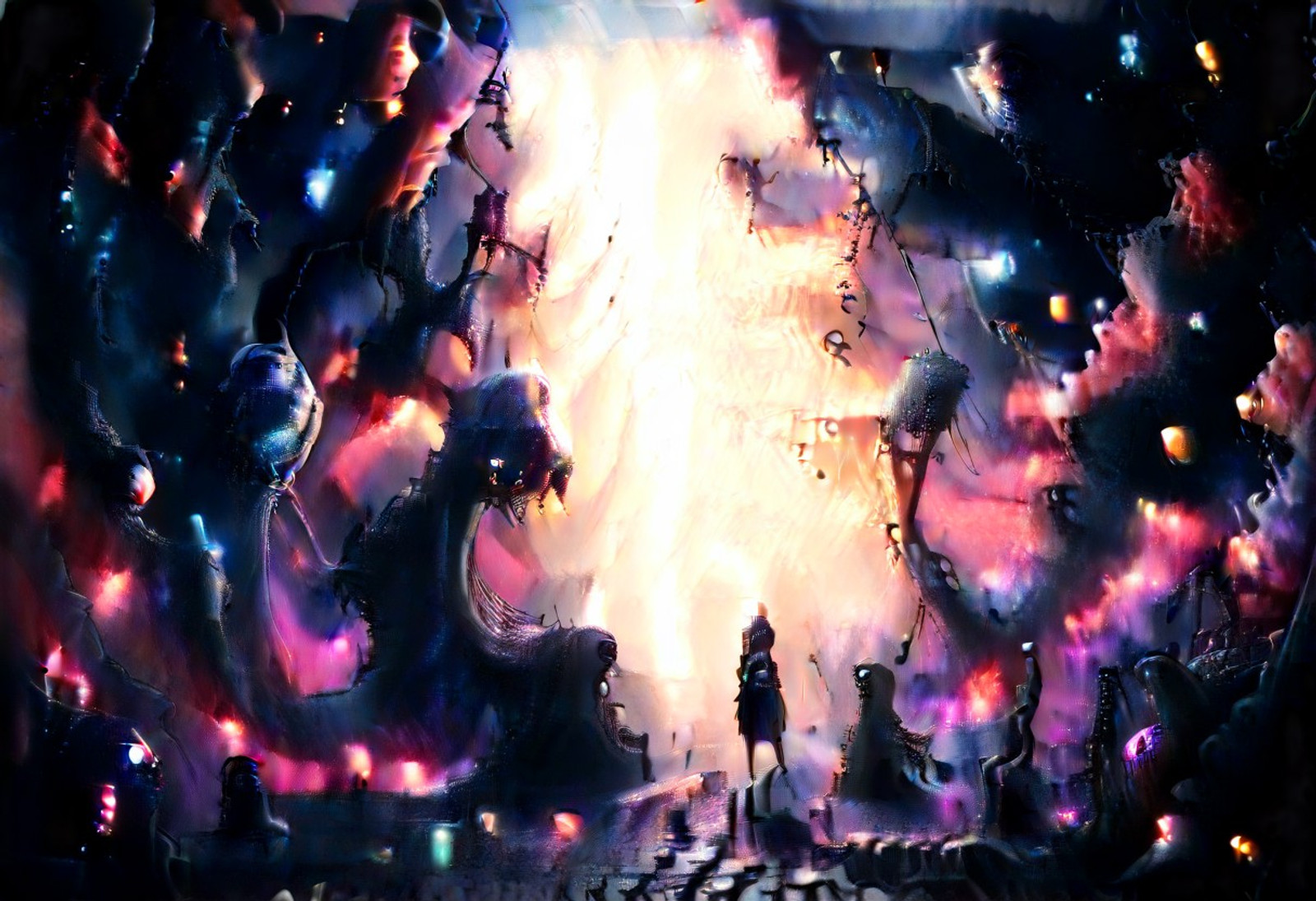 colossal megalithic monolith floating in the infinite void of space, ancient alien stone covered in glowing runes, massive cosmic tentacles slowly wrapping around it, an ethereal  priestess standing barefoot at its base, flowing translucent fabric, backlit by nebula light, dramatic rim lighting, cosmic dust, hyper-detailed textures, dark fantasy, lovecraftian atmosphere, cinematic, 8k, ultra detailed, volumetric lighting