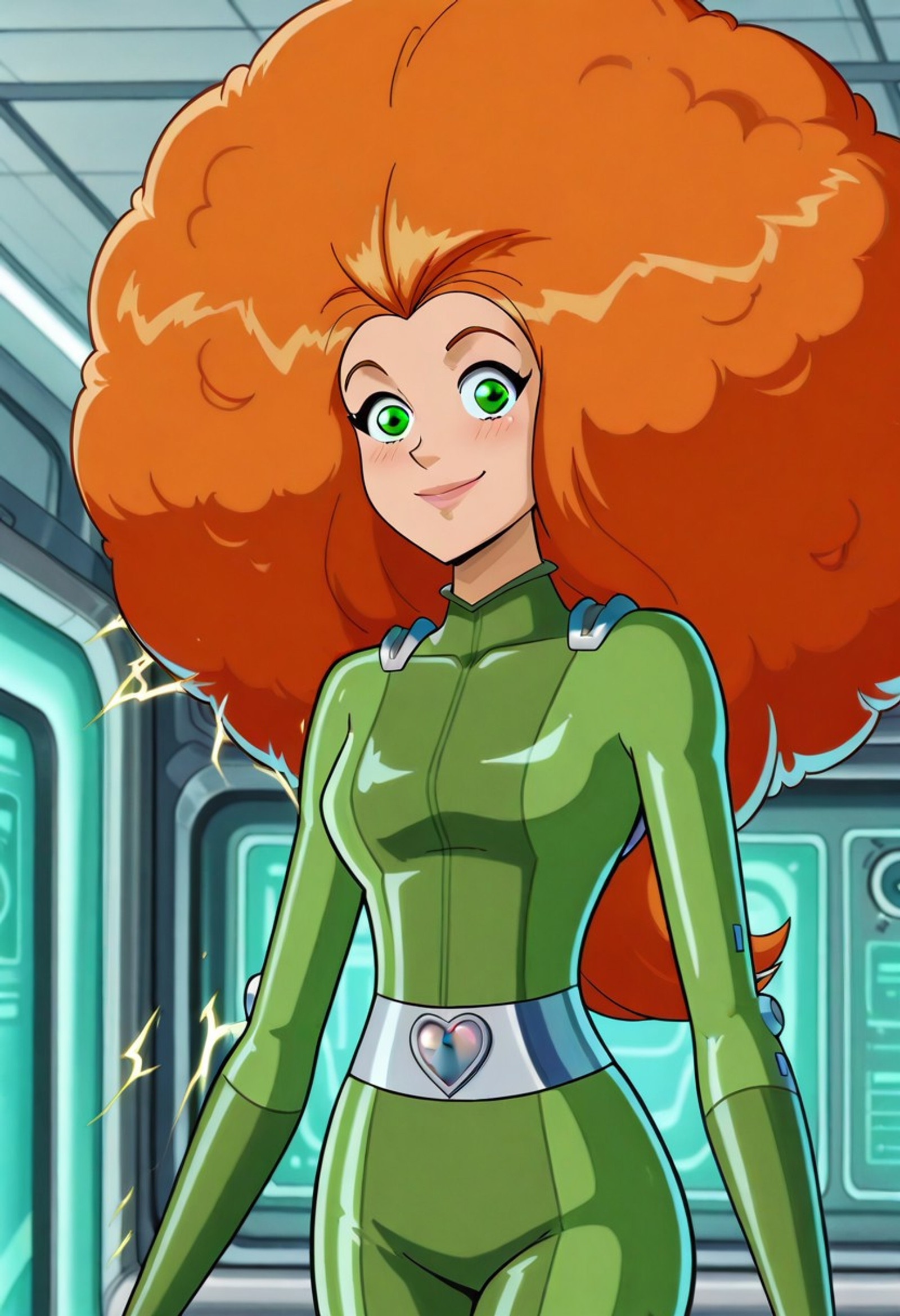 masterpiece, best quality, good quality, 1girl, solo, parody, season6-style, sam_totally_spies, long hair, orange hair, massive afro hair, curly afro hair, green eyes, shiny green bodysuit, medium breasts, beautiful, detailed, high detailed, very beautiful, detailed face, detailed eyes, detailed hand, indoors, futuristic laboratory, smile, happy, surprised, closed mouth, looking at viewer, blush, wetlook, curvy, cowboy shot, electricity,