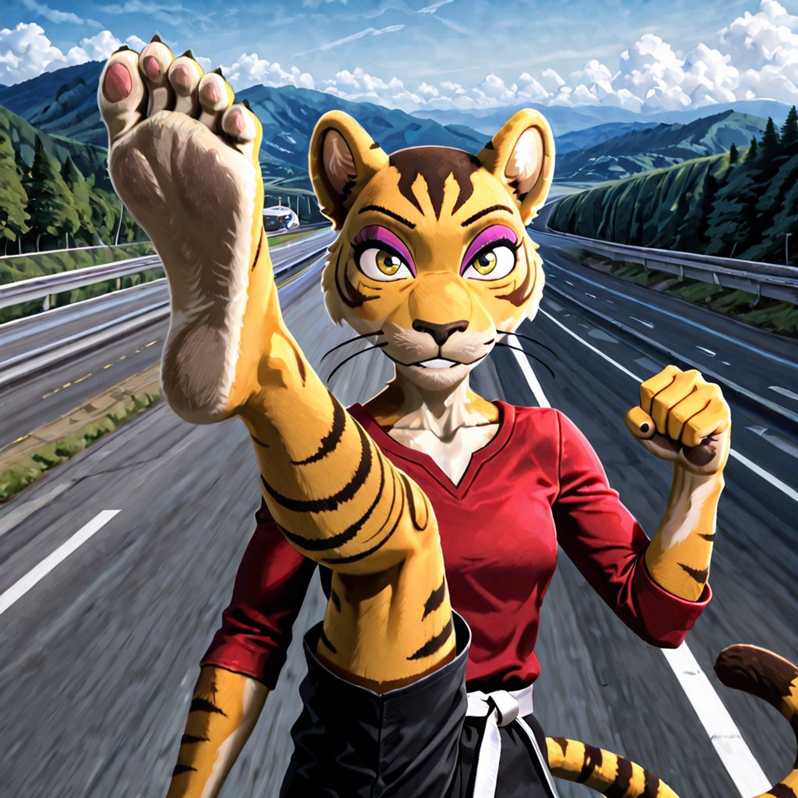 4k, masterpiece, best quality, amazing quality, very aesthetic, high resolution, absurdres, newest, 1girl, solo, upper body, anthro, luna_bs, anthro, furry female, tiger girl, tiger ears, beautiful eyes, tiger tail, eyeshadow, whiskers, red shirt, black shorts, barefoot, feet, thin feminine feet, humanoid feline feet, sole shown on one foot, five toes, five toe outline, foot fetish, foot focus, karate kick, kung fu kick, combat pose, looking at viewer, kicking viewer, sweet smile, outdoors, Daytime, Highway, Road, Middle of Nowhere, Mountains