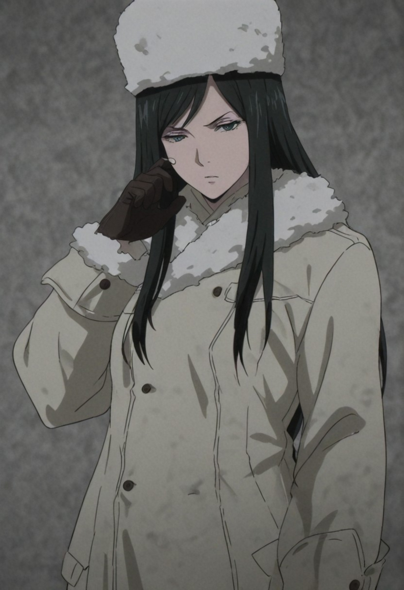 masterpiece, best quality, amazing quality,, 1 girl, solo, YuriTS, black hair, long hair, green eyes, white fur hat, long white coat, fur trim, brown gloves,