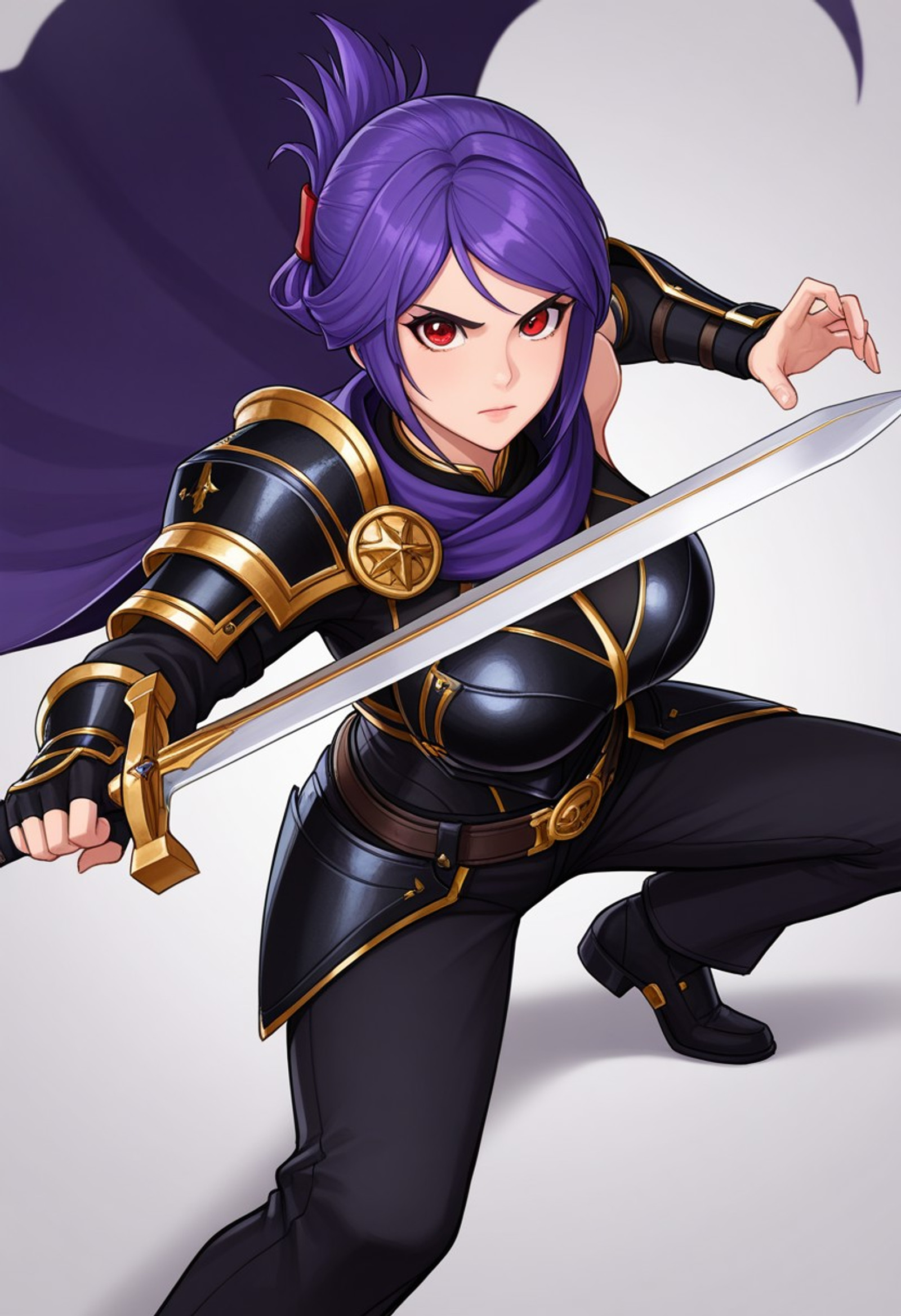 best quality, masterpiece, sfw,
n0m0, popmartstyle, 3d, figure,
close-up shot, view from aside,
solo, holding sword, dynamic fighting pose,
1girl, 
sabia, human, purple hair, red eyes, folded ponytail,
armor, single shoulder armor, cape, single bare shoulder, clothed,
large breasts,  
looking at viewer, closed mouth,