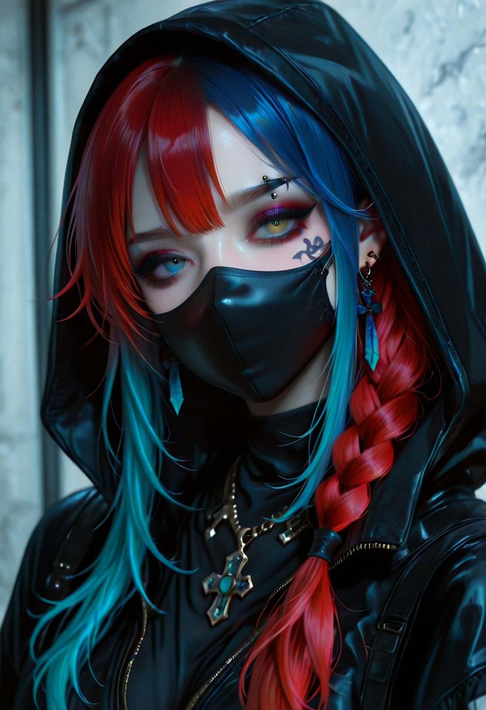 masterpiece, best quality, amazing quality, absurdres, solo, long hair, looking at viewer, blue eyes, 1girl, jewelry, blue hair, jacket, upper body, yellow eyes, braid, male focus, multicolored hair, earrings, red hair, hood, necklace, black jacket, single braid, gradient hair, tattoo, makeup, mask, heterochromia, piercing, facial mark, hair over shoulder, hood up, eyeshadow, mouth mask, eyebrow piercing <lora:my-ai-art-females:1.00>