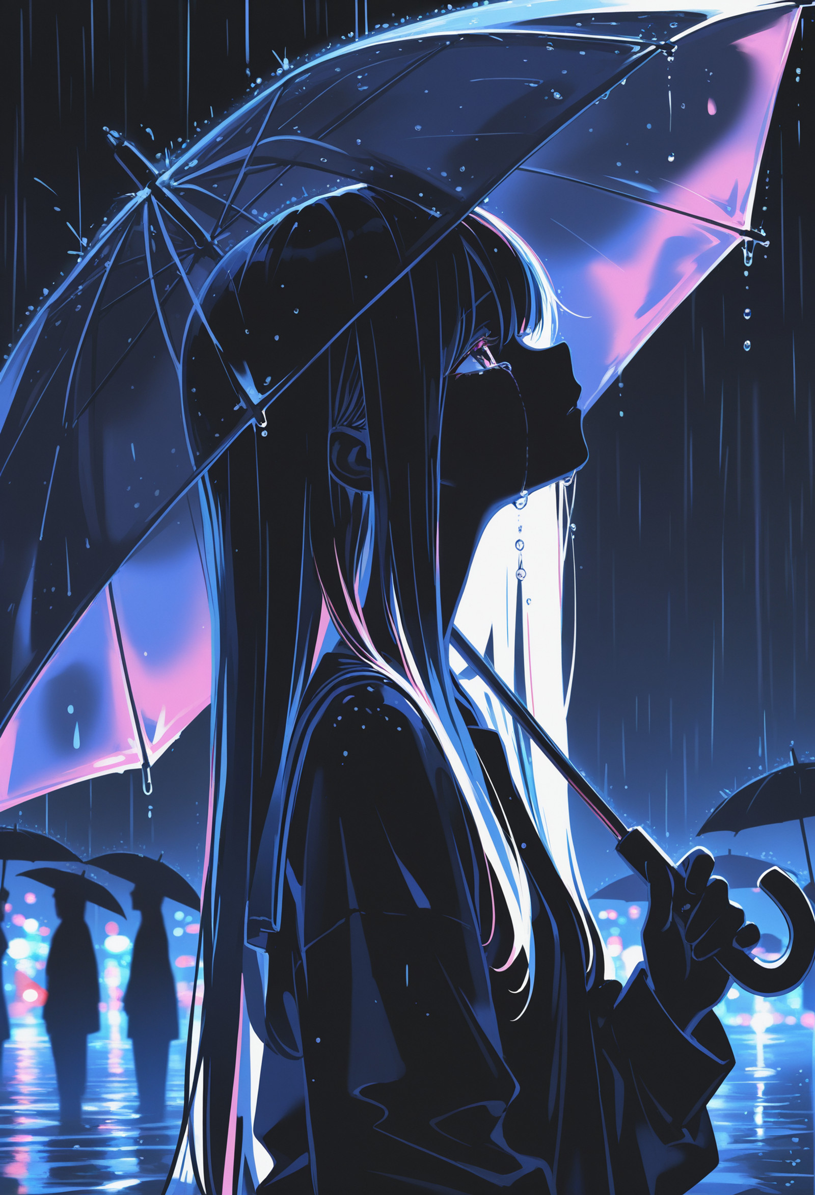 masterpiece, best quality, good quality, very awa, newest, highres, absurdres, no lineart, no outline, 1girl, solo, long_hair, holding, upper_body, outdoors, tears, from_side, profile, umbrella, crying, rain, holding_umbrella, silhouette, chromatic aberration, dark theme,limited palette,dynamic angle,perspective, scenery,art deco, 15546+456868, wat, ma1ma1helmes_b_illu