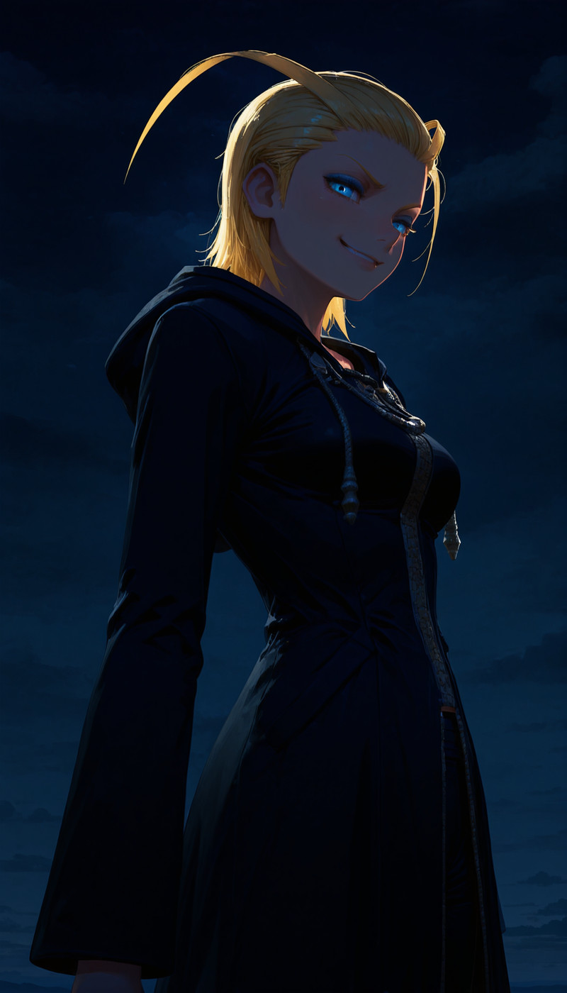  embedding:lazypos.safetensors ,  lazypos, larxenekh, medium breasts, blonde hair, blue eyes, smirk, black coa
