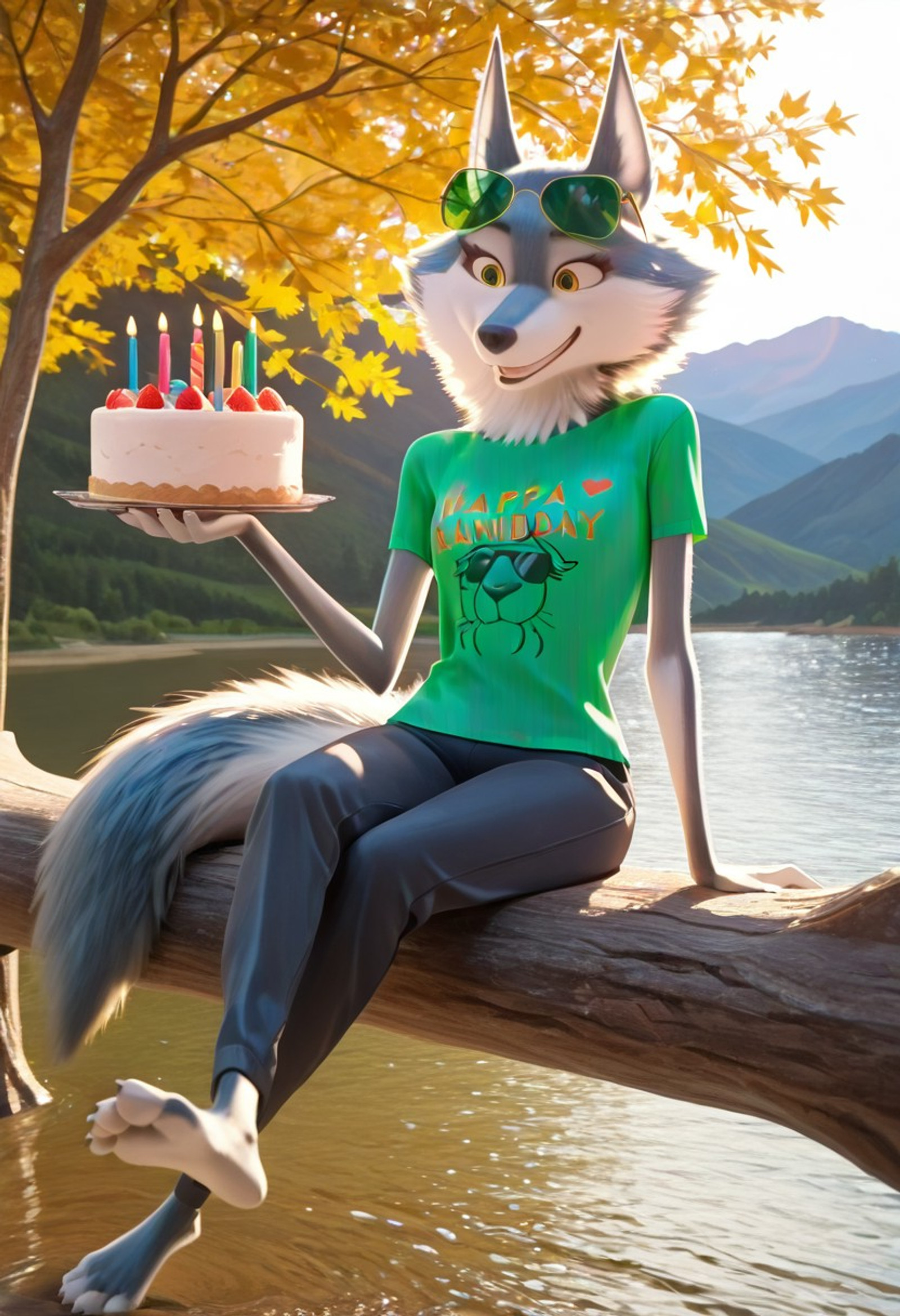 4k, amazing quality, masterpiece, solo, 1girl, wolf girl, mature female, furry, furry female, looking at cake, smiling, happy smile, cheerful smile, sweet smile, fullbody, sitting, hilltop, sitting against a tree, Holding a birthday cake, birthday cake, cake, birthday ballons, birthday candles, cute, full body, Porsha, Porsha Crystal, beautiful yellow eyes, perfect face and eyes, white-blue fur, wolf girl, wolf ears, wolf tail, green t-shirt, small breasts, black gym shorts, bare legs exposed, barefoot, humanoid wolf feet, five toes, detailed humanoid wolf feet, foot fetish, feet focus, foot focus, humanoid Anthro wolf feet, five toes, detailed five toes, 5 toes, claws, toe claws, razor sharp toenails, toes spreading, toes wiggling, soles, sunglasses, eyewear on head, green eyewear, outdoors, Valley, mountains, lake, big lake, landscape, Fall mountains, Daytime, Sun Shining,