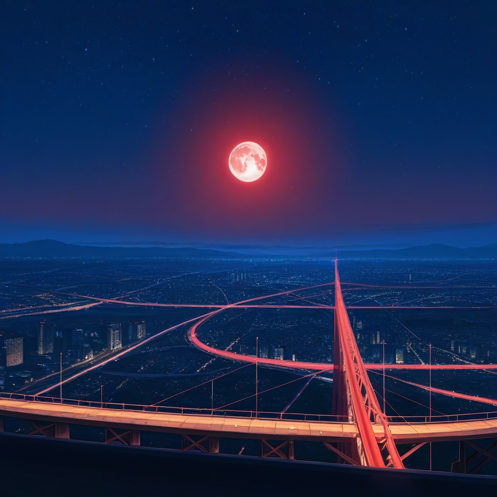 night, no humans, landscape, red light, city, moon, star (sky), highway bridge, panoramic view, high quality, perfect details, hi res, 4k, cinematic lighting