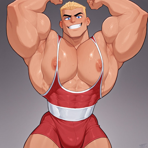 masterpiece, best quality, amazing quality, w01fc0nf, HaruArt, rating_sensitive, solo, grey background, portrait, frontal view, view from pecs up, 1boy, muscular, D4shB, blonde hair, blue eyes, black eyebrows, revealing red and white wrestling singlet, big pecs, nipples, grin, standing tall, looking straight ahead at viewer