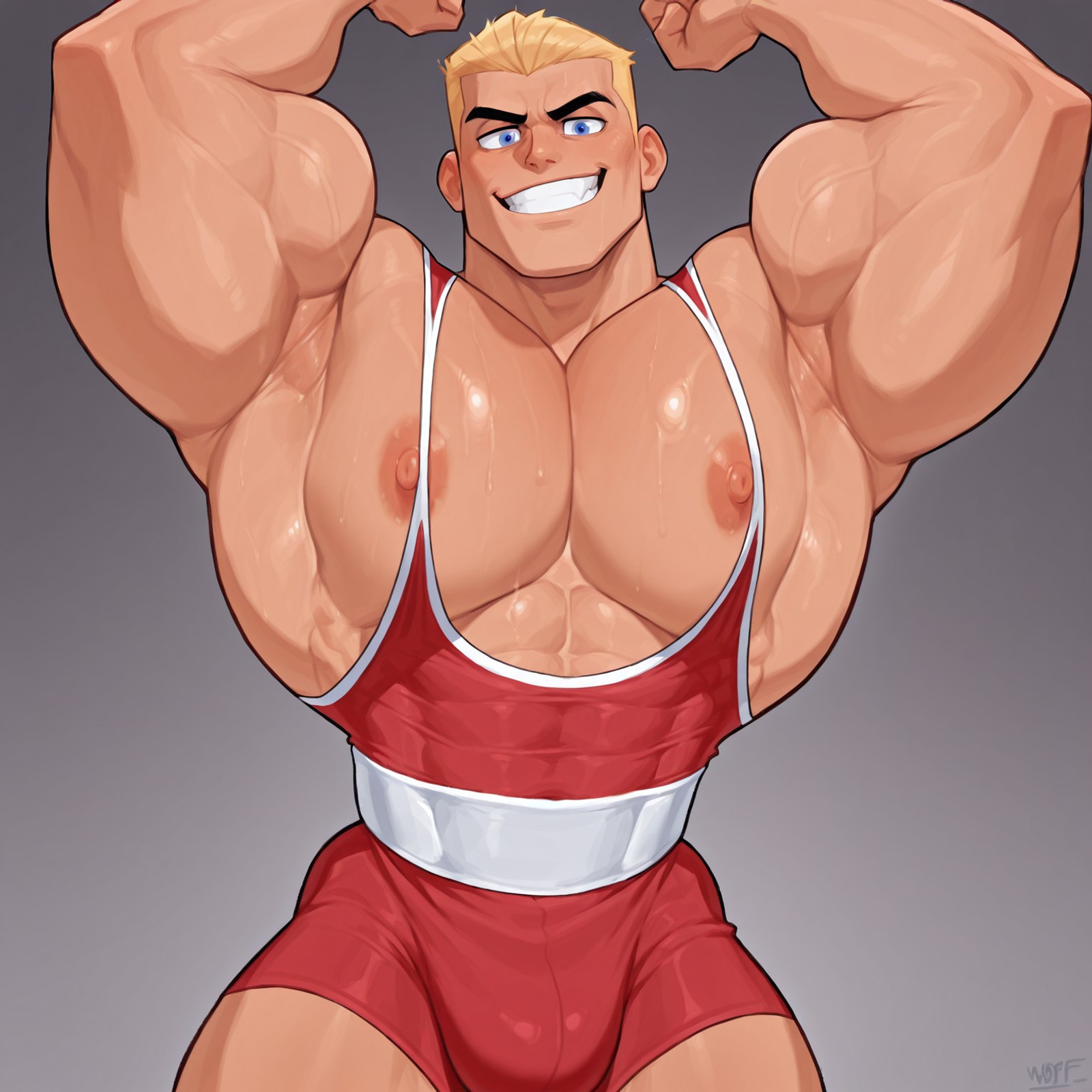masterpiece, best quality, amazing quality, w01fc0nf, HaruArt, rating_sensitive, solo, grey background, portrait, frontal view, view from pecs up, 1boy, muscular, D4shB, blonde hair, blue eyes, black eyebrows, revealing red and white wrestling singlet, big pecs, nipples, grin, standing tall, looking straight ahead at viewer