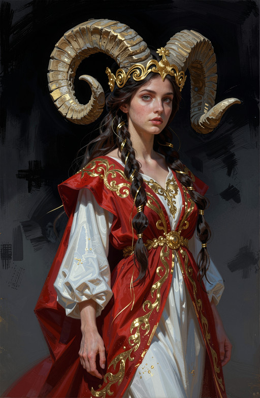 A regal woman stands in radiant stillness, her massive ram hornsâcurved and weathered like ancient stoneâreaching skyward from atop a crown of swirling gold filigree, each ridge textured with subtle brushstrokes that trace the passage of time. Her dark hair cascades down in thick braids adorned with luminous threads that catch diffused light, while her flowing red-and-white gown clings to her form with rich embroidery that shimmers like molten gold under a cool, mysterious glow. The scene is painted in soft, gestural strokesâfree and expressiveâthat suggest movement rather than precision, their density varying from deep shadows at the back to luminous highlights on her horns and eyes, creating an organic sense of volume and depth. The background dissolves into smooth gradients of black and muted gray, allowing the figure to emerge with sculptural weight. Her expression is one of quiet powerâfierce yet sereneâher gaze piercing through the haze like a command from beyond time. Every detail feels alive: the sheen on fabric, the grain in stone, the flicker of light across skin and horn alikeâall rendered with tactile realism that elevates this abstract expressionist moment into something both mythic and deeply human.