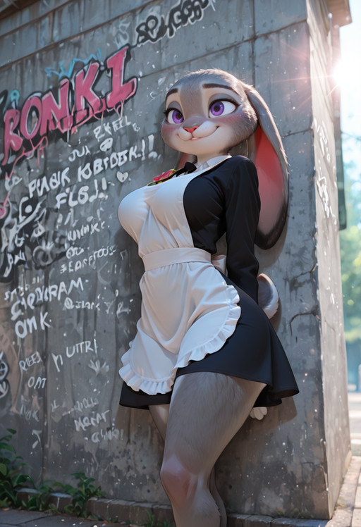 masterpiece, best quality, absurdres, highres, high quality, highly detailed, official art, 3d, amazing quality, detailed background, dramatic lighting, rim lighting, fill light, (bokeh:1.5)   ,
JudyHopps, solo, purple eyes,  thin waist, wide hips, furry female, bunny girl, bunny ears,  ears down, rabbit tail, ((ultra detailed fur:1.5)), Judy Hopps, thin waist, big rabbit tail, big detailed purple eyes, curious look, tilted head, shy smile BREAK   dynamic pose,  presenting, perfect huge breast, saggy breasts, long legs, soviet school uniform, long sleeves, dress, black dress, white apron, nm_graduation, leaning against a concrete wall full of graffiti, russian words on wall, detailed background,blush, smile,   BREAK day, sun light, outdoors, back yard of soviet shool, soviet street, 8k, UHD, HD, absurdres, masterpiece, intricate detail, highly detailed, fill light, cinematic lighting, photorealistic, g0th1c <lora:judyhopps-v3-Yiffy:0.2> <lora:incoth:0.5> <lora:AddMicroDetails_NoobAI:0.5> <lora:NM_graduation:1>