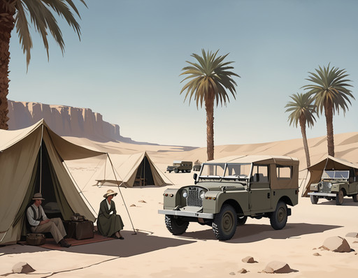 A desert oasis rest stop in North Africa, 1920s, travelers resting under palm trees, old Land Rover parked nearby, canvas tents, vintage explorer gear,, High quality, best quality, masterpiece, muted tones, desaturated colors, loneliness, quiet introspection, stillness, melancholic atmosphere, 1940s American realism, mid-century architecture, vintage clothing styles,  oil painting texture, canvas brush strokes, in the style of an Edward Hopper painting