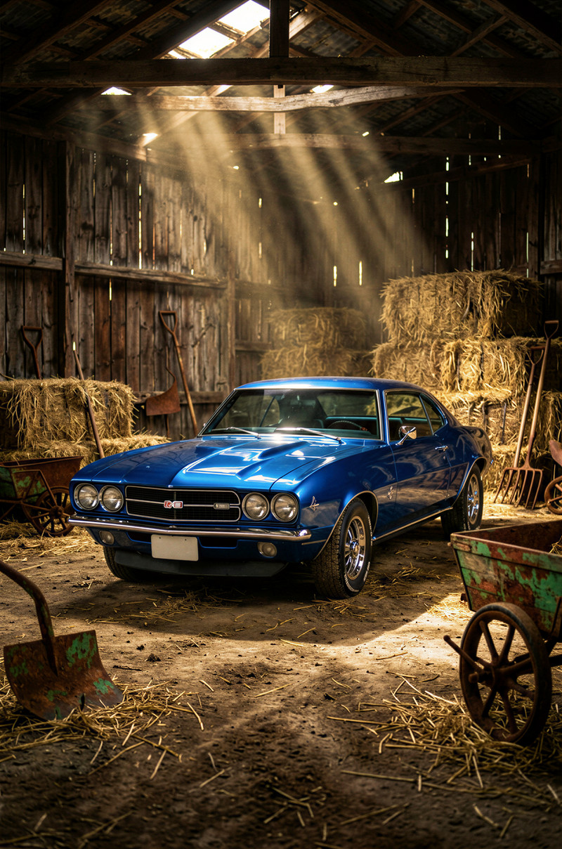 Subject: A flawlessly restored, deep metallic blue Chevrolet Camaro, year unspecified but vintage muscle car s