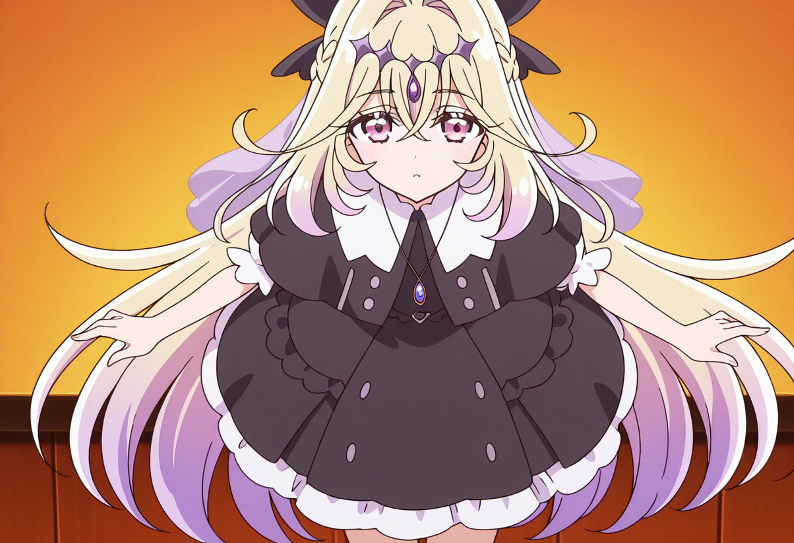 masterpiece, best quality, amazing quality,, cowboy shot, solo, looking at viewer, <lora:transparent-background-illustriousxl-lora-nochekaiser:1>, transparent background, simple background, white background, <lora:moria-luluka-anime-illustriousxl-lora-nochekaiser:1>, moria luluka, long hair, blonde hair, very long hair, purple eyes, pink hair, braid, purple hair, multicolored hair, hair bow, pink eyes, gradient hair, anime screencap, skirt, dress, jewelry, short sleeves, frills, puffy sleeves, necklace, black dress, puffy short sleeves, buttons, capelet, pendant, black capelet, leaning forward,, restaurant, lighting,