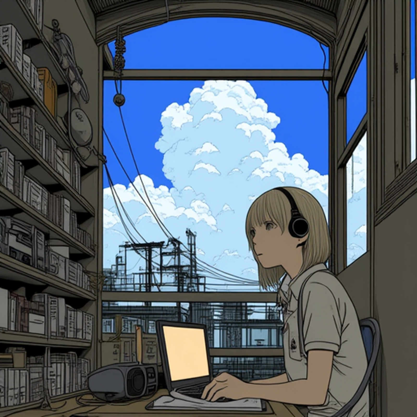 quiet urban atmosphere, anime Tokyo apartment canyon illustration, collar with small tag, deep vivid summer blue sky, warm natural daylight atmosphere, multiple ear piercings, dreamlike atmospheric perspective, blonde hair, retro radio and small gadgets, small desk lamp, anime-inspired quiet productivity artwork, small shoulder bag, minimal anime convenience-store study illustration, muted monochrome palette with soft skin-tone warmth, minimal human presence and sterile atmosphere, soft towering cumulus clouds, headphone textures and desk rendering, quiet nostalgic evening mood, brown and cream palette, ornamental ceiling arches