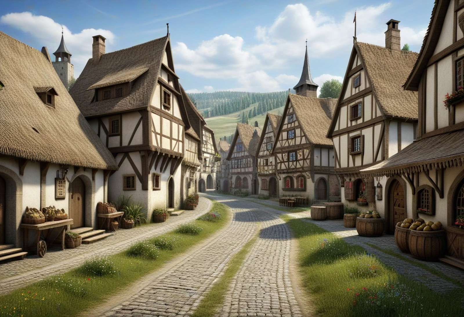 masterpiece, best quality, amazing quality, very aesthetic, high resolution, ultra-detailed, absurdres, newest, outdoors, scenery, grasslands, medieval village street, medieval village marketplace, no humans