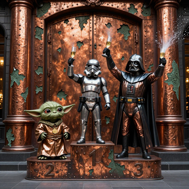 Victory Podium with Yoda, Stormtrooper, and Darth Vader
A surreal award podium scene made of aged hammered met