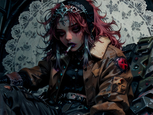 masterpiece, best quality, amazing quality, very aesthetic, high resolution, ultra-detailed, absurdres, newest, 1girl, goth theme, solo,messy bedhead with gelled tips hair,(UV sheen lipstick, goth makeup, silver jewelry, character centered), lace doily headpiece, velvet button-up with frills, spiked belt cargo pants, distressed bomber jacket, distressed leather oxfords, punk riveted armwarmers, , cooking over campfire, <lora:Zahkey_Style:1> Zahkey