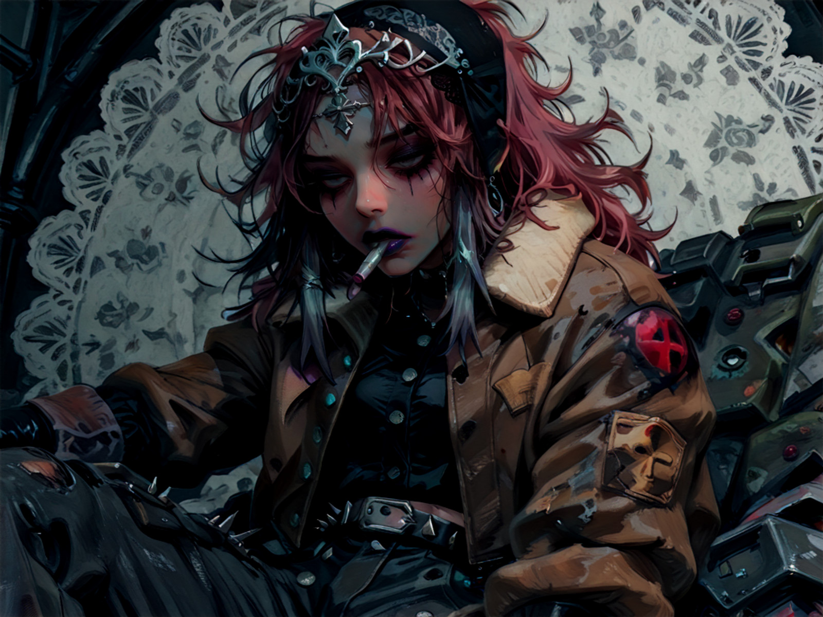 masterpiece, best quality, amazing quality, very aesthetic, high resolution, ultra-detailed, absurdres, newest, 1girl, goth theme, solo,messy bedhead with gelled tips hair,(UV sheen lipstick, goth makeup, silver jewelry, character centered), lace doily headpiece, velvet button-up with frills, spiked belt cargo pants, distressed bomber jacket, distressed leather oxfords, punk riveted armwarmers, , cooking over campfire, <lora:Zahkey_Style:1> Zahkey