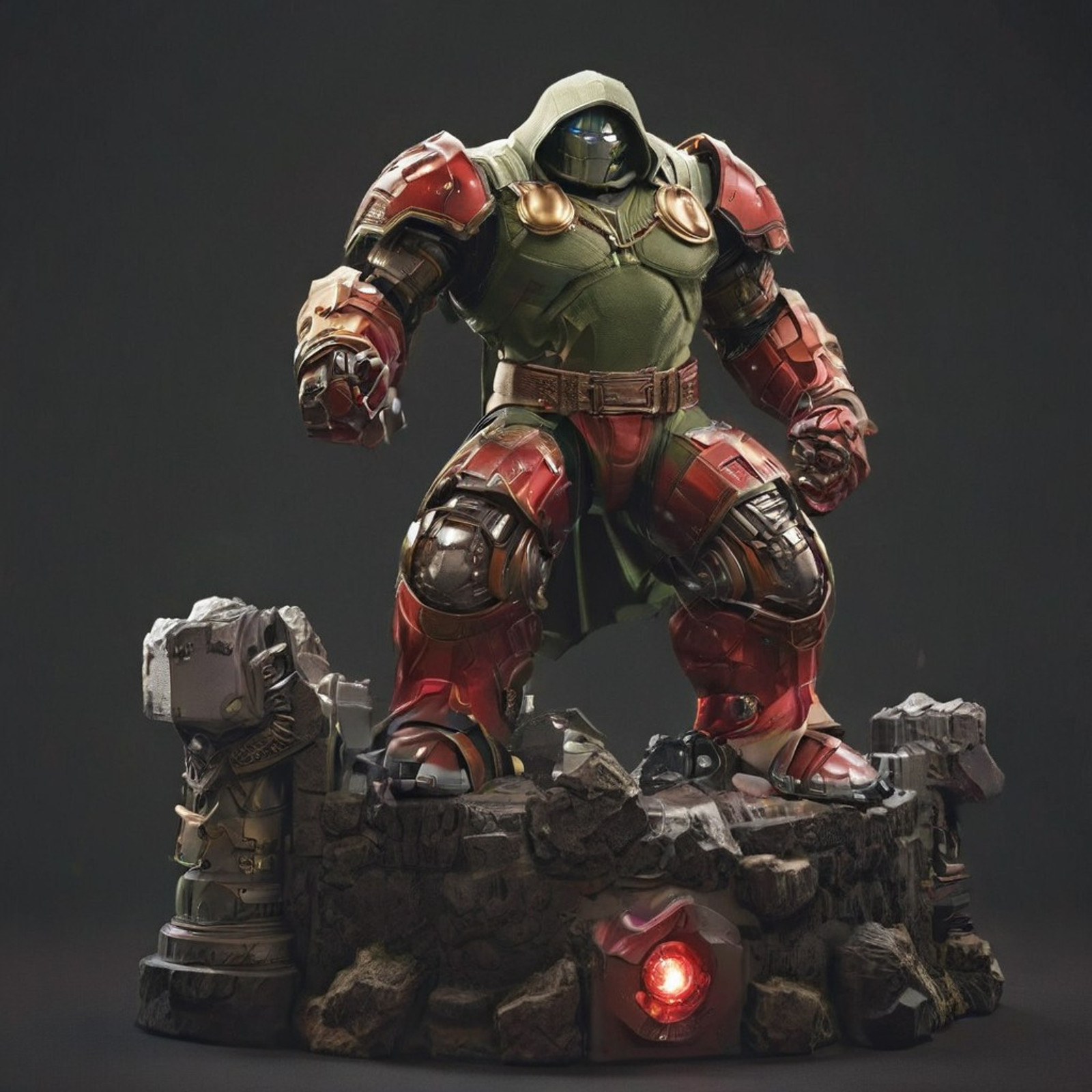 Doctor Doom themed Hulkbuster armor statue made of crystal, Hulkbuster1024, rp_slgd, gem, geometric, sharp edges, glowing, dark background, moody, translucent