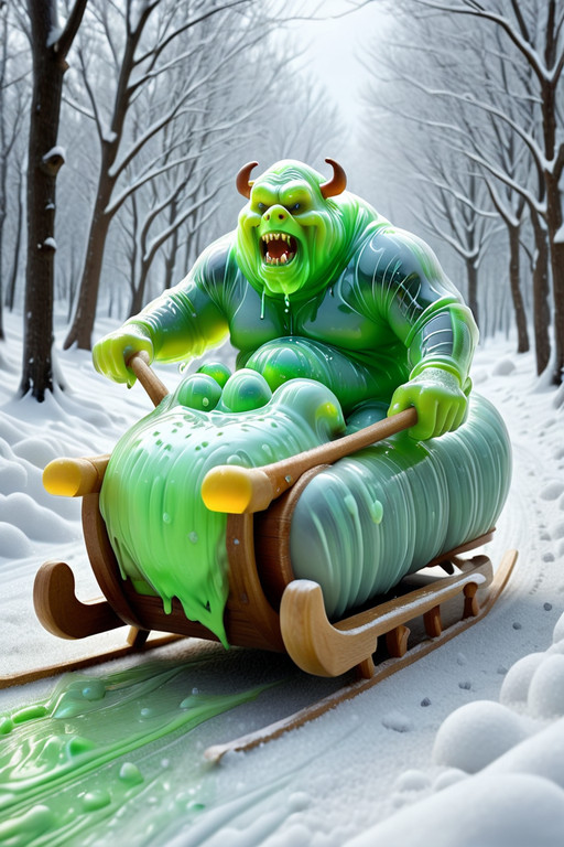 a big oger driving a sledge in winter. Winter wonderland, snow, movement, motion blur, speed and action.. sl1m3d, slime-morph, translucent slime,. sl1m3d, slime-morph, translucent slime, glowing ooze, surreal fluidity,  <lora:sl1m3:1.0>