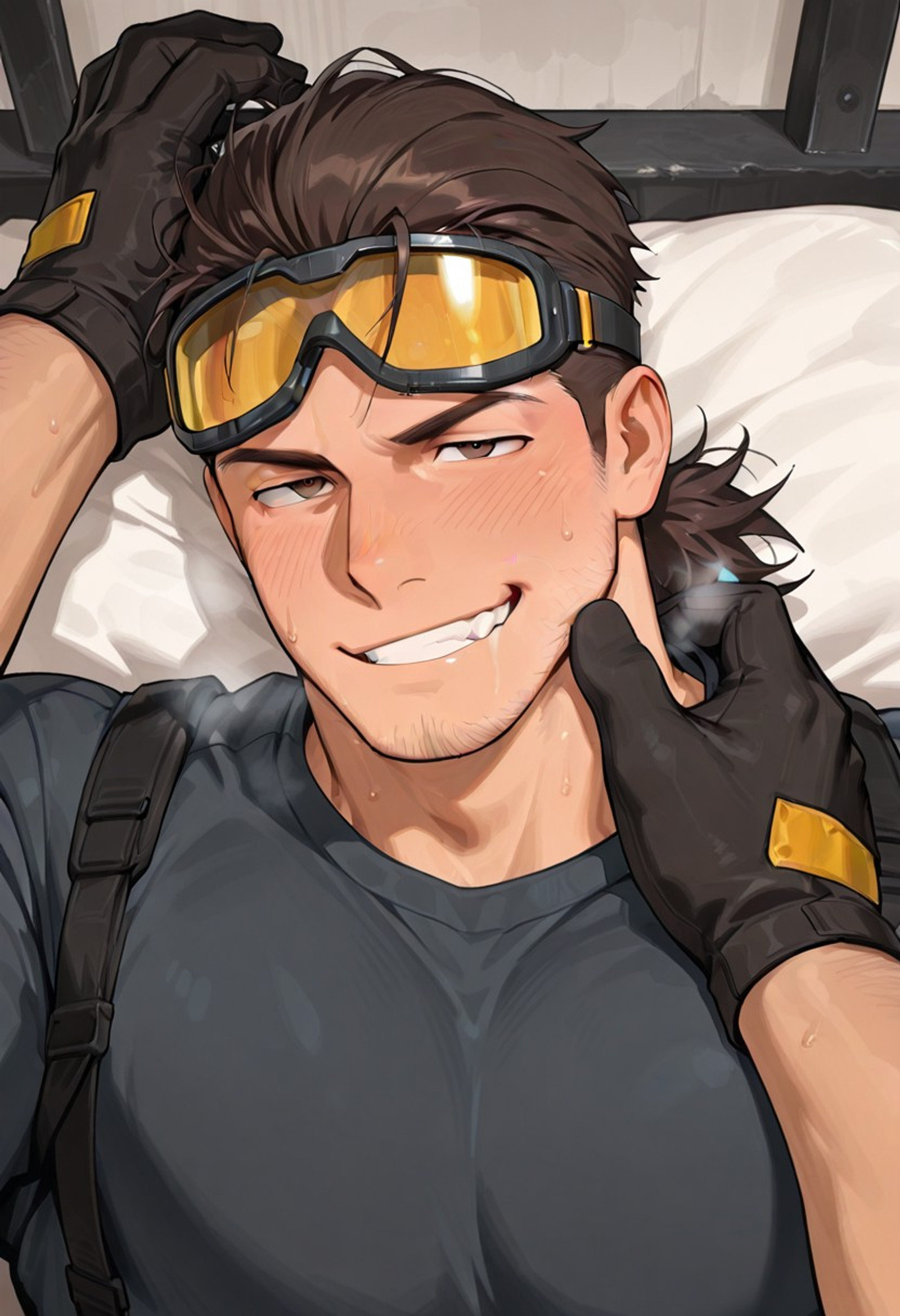 masterpiece, best quality, amazing quality, detailed background, definition so sharp, Ultra-HD, 8K cinematic, very awa, impressionate, amazing quality, highres, 
male focus, manly, mature male, 
1boy, mbtiistp, stubble, sideburns, short hair, low tied hair, brunette, brown eyes, goggles on head, gloves,, lying on bed, 1boy, mbtiistp, stubble, sideburns, short hair, low tied hair, brunette, brown eyes, goggles on head, gloves, lying on bed,
1other, pov, heavy breath, evil smirk, grin, blushing, sfw, family friendly