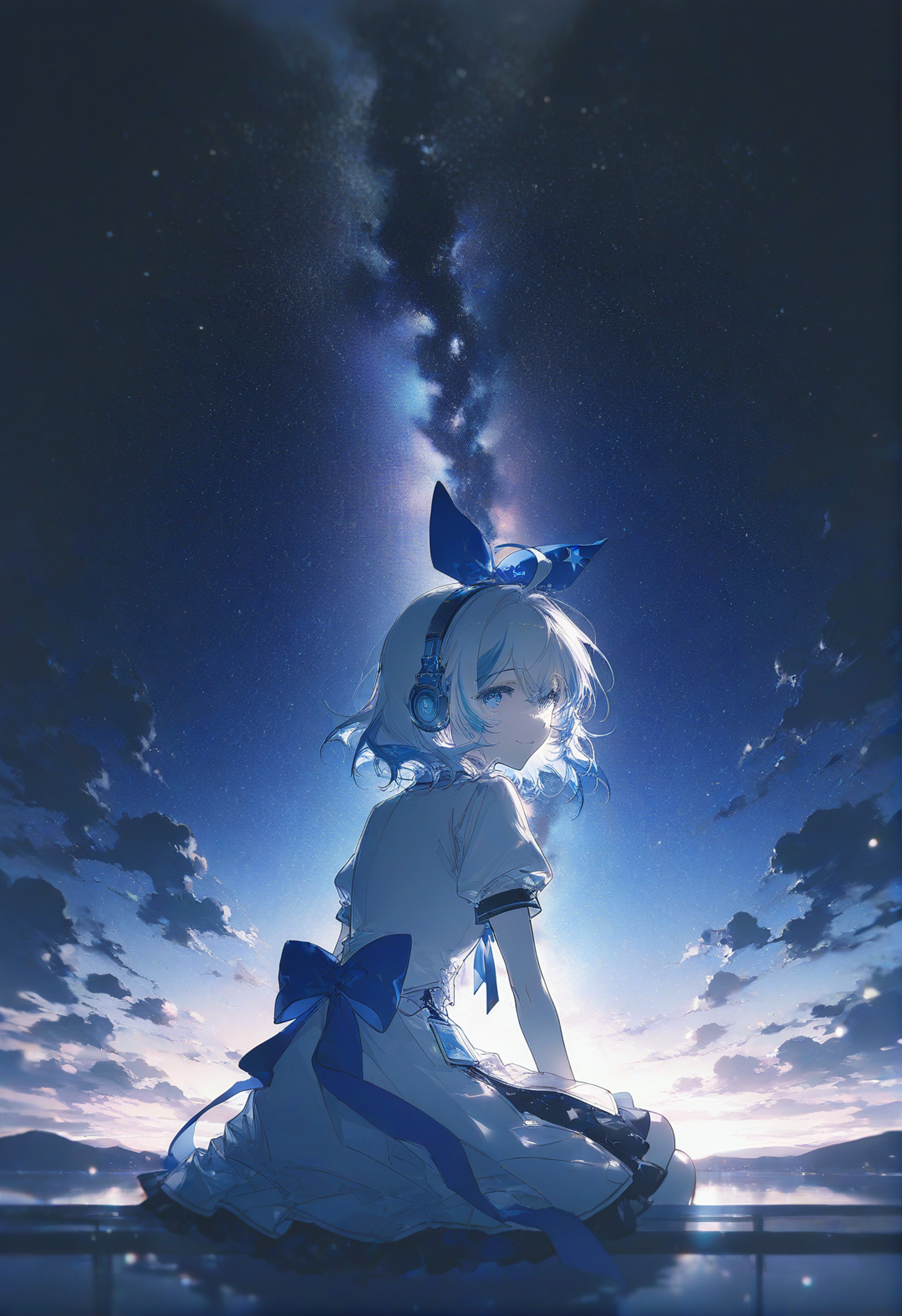 solo, 1girl, shizuku vtuber, outdoors, masterpiece, white dress, smile, medium hair, blue eyes, white hair, ahoge, streaked hair, blue hair, looking back, leaned forward, looking at viewer, sitting, short sleeves, headphones, blue bow, bowtie, hair bow, upper body, hairband, ribbon, outdoors, night, moonlight, star print pattern, star pattern, star, starry sky, cloudy sky, cloud, scenery, night,light particles,light and shadow,overexposure,contour deepening,lens flare,depth of field, (very vibrant colors:0.8), very high contrast, sketch, vivid colors, (saturated:1.0), colorful, very high colorfulness, deep blue hues, submerged, pressure, cold atmosphere, dark atmosphere, rella, konya karasue, view finder, scratch art, color tracing, <lora:shizuku_vt-000027:0.8>, <lora:CC_train_nb11-xl-000028:1>, masterpiece,best quality,amazing quality,very aesthetic,absurdres,newest,