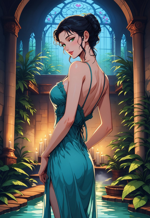 safe_pos, score_9, score_8_up, score_7_up, score_6_up, score_5_up, beautiful mature woman, detailed face, green eyes, short black hair, long tendrils, (thighs up shot, sideview, from behind), looking at viewer, (medium breasts, perfect anatomy body), arched back, closeup of face, seductive look, seductive expression, sensual, (vineyards, Castle in the background), standing, super detailed, (dusk, candles, gentle sunlight), easynegative, (wearing loose black nightie, undressing), steam, immersed in wood tub sauna, (dinamic angle:1.3), (big green plants, wide foliage, vegetation, climbing plants, trailing plants), touching water surface:1.2