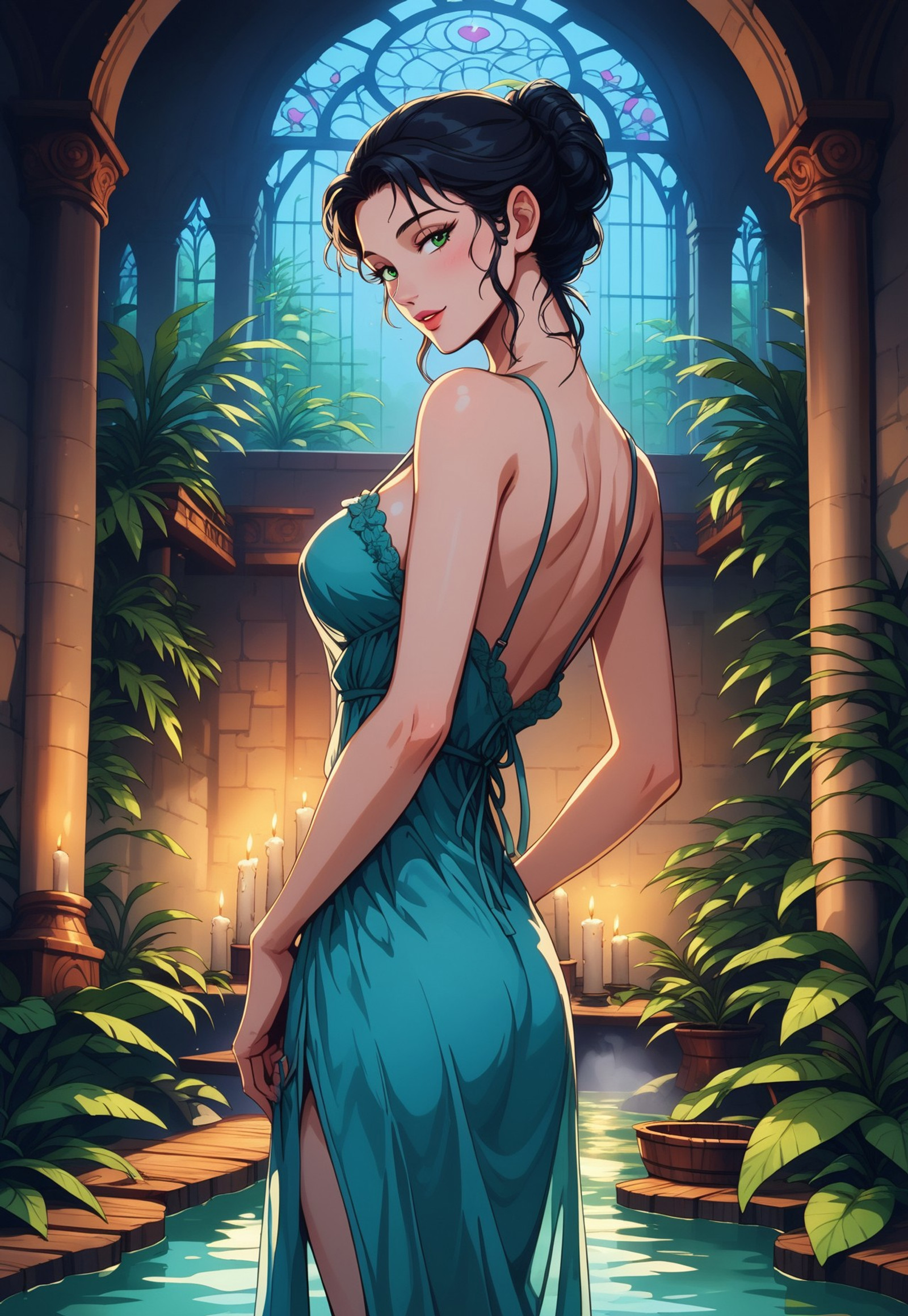 safe_pos, score_9, score_8_up, score_7_up, score_6_up, score_5_up, beautiful mature woman, detailed face, green eyes, short black hair, long tendrils, (thighs up shot, sideview, from behind), looking at viewer, (medium breasts, perfect anatomy body), arched back, closeup of face, seductive look, seductive expression, sensual, (vineyards, Castle in the background), standing, super detailed, (dusk, candles, gentle sunlight), easynegative, (wearing loose black nightie, undressing), steam, immersed in wood tub sauna, (dinamic angle:1.3), (big green plants, wide foliage, vegetation, climbing plants, trailing plants), touching water surface:1.2