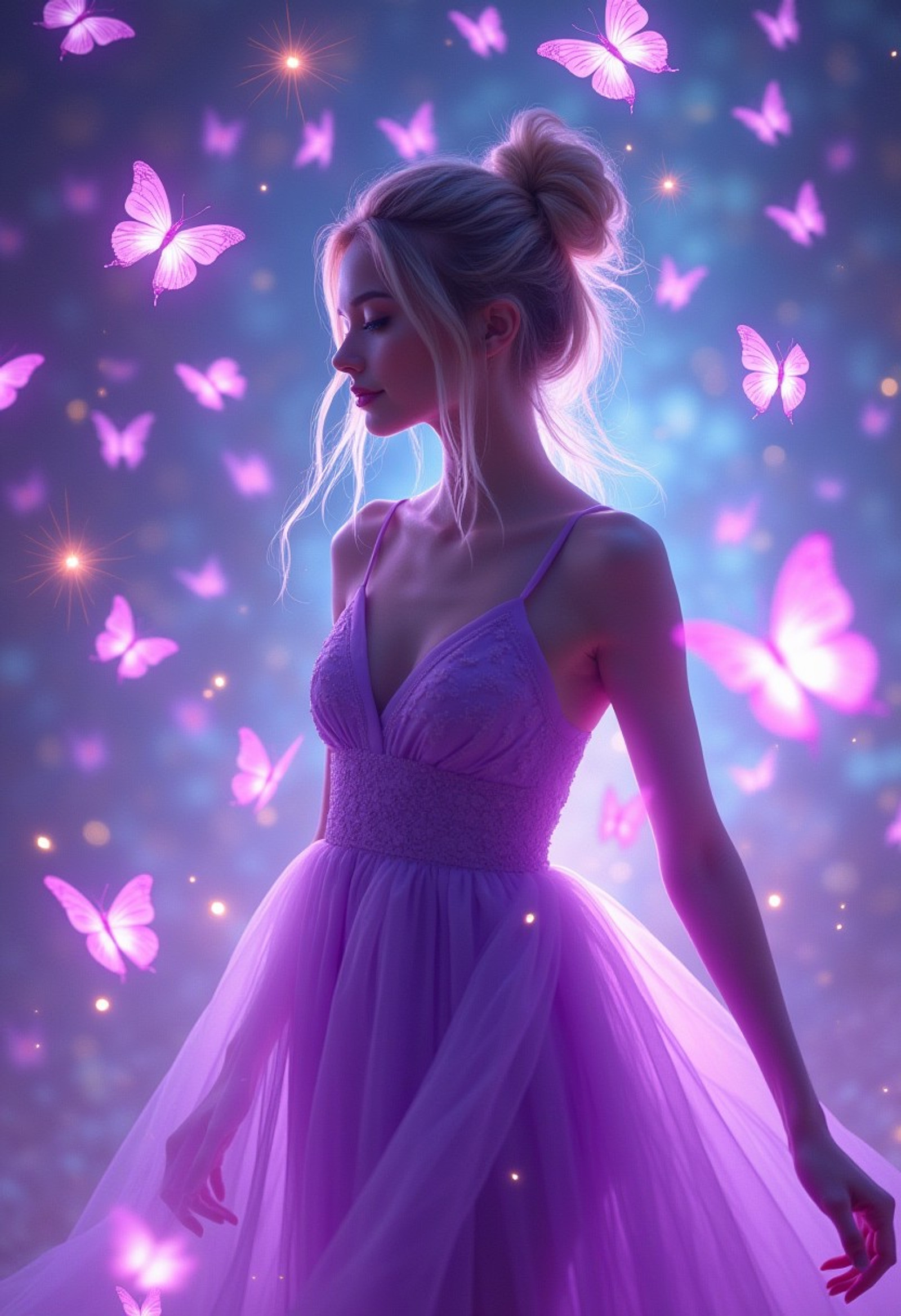A mesmerizing and fantastical image featuring a beautiful 18-year-old woman, wearing a violet sundress. Long blonde hair styled in a messy bun. She stands elegantly as dozens of violet ethereal butterflies flutter around her, trailing colorful light streaks through the air. The background shimmers with iridescent hues, creating a magical and ethereal atmosphere that perfectly complements her mystic abilities.
(((fantastical portrait))), cowboy shot, neon and iridescent lighting, dynamic pose BREAK ((best quality:1.6)), ((high details:1.5)), ((highres:1.5)), ((4K:1.5)), ((glowing stars:1.3)), ((iridescent background:1.3)) BREAK inspired by the styles of Artgerm | Loish | WLOP | Anna Dittmann.