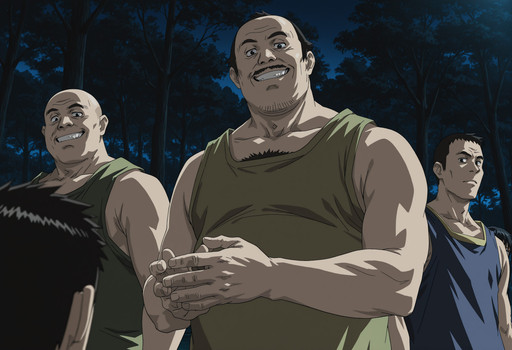 Smooth_Quality, depth of field, izyi dgmid 3,anime screencap, 3boys, ugly balding fat men, black hair, hairy mean, evil grin, sleeveless shirt, leering, looking at viewer.

outdoors, night, forest, park, dim_lighting, medium shot, slight angle, cold lighting, cinematic lighting, dynamic angle, hand, perfect_hands, correct_anatomy, EyesHD, high definition eyes, detailed eyes