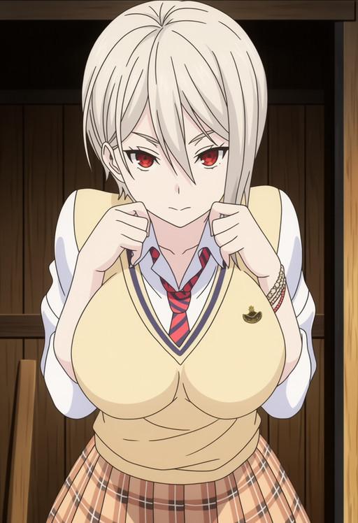 masterpiece, best quality, score_7, amazing quality,, cowboy shot, solo, looking at viewer, , <lora:alice-nakiri-s1-anima-lora-nochekaiser:1>, alice nakiri, nakiri alice, short hair, red eyes, white hair, hair between eyes, mature female, large breasts, anime screencap, skirt, shirt, jewelry, pleated skirt, necktie, striped, bracelet, sweater, plaid, plaid skirt, striped necktie, white shirt, collared shirt, light brown sweater,, head on chest, hut, wood, shelter,