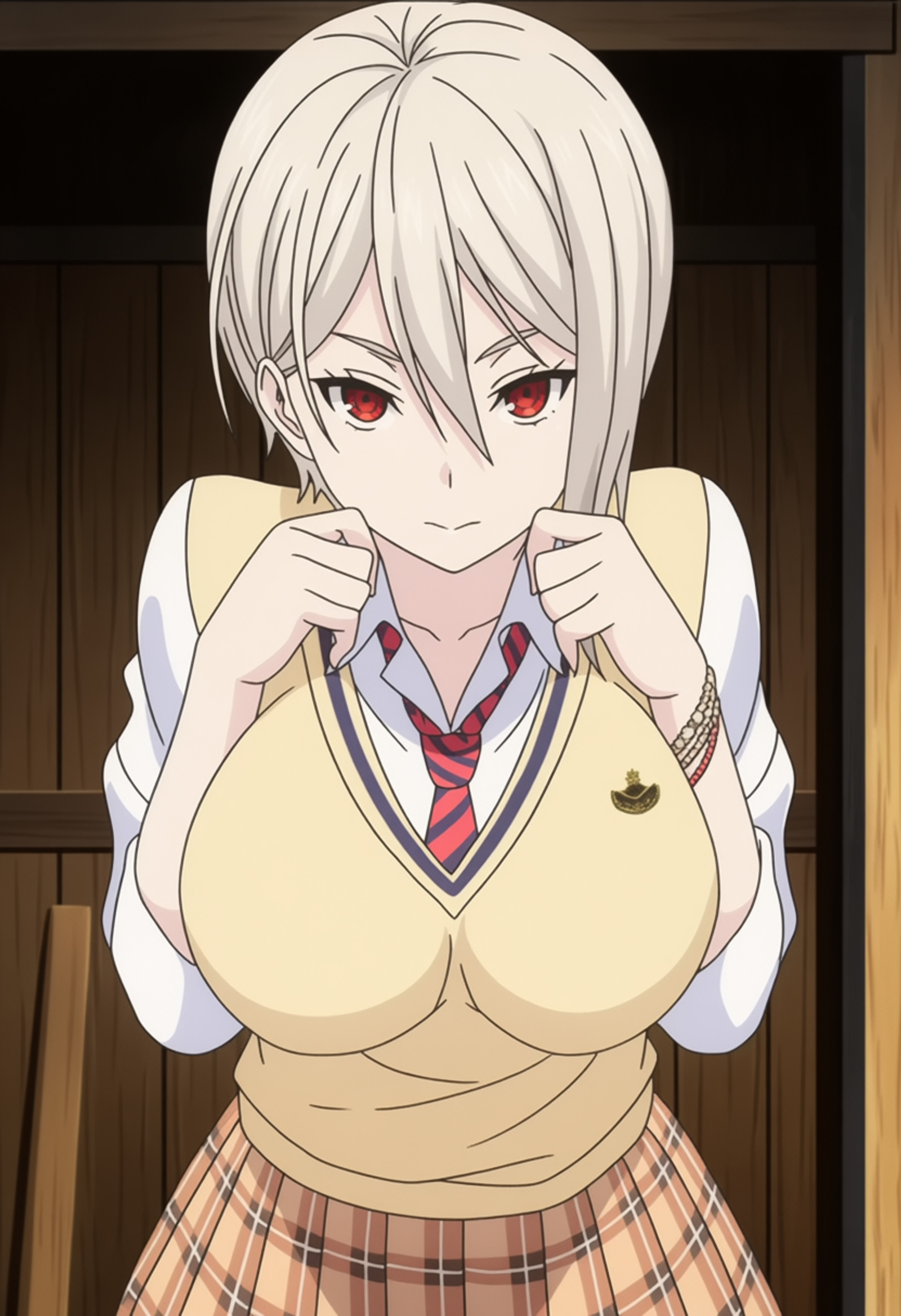 masterpiece, best quality, score_7, amazing quality,, cowboy shot, solo, looking at viewer, , <lora:alice-nakiri-s1-anima-lora-nochekaiser:1>, alice nakiri, nakiri alice, short hair, red eyes, white hair, hair between eyes, mature female, large breasts, anime screencap, skirt, shirt, jewelry, pleated skirt, necktie, striped, bracelet, sweater, plaid, plaid skirt, striped necktie, white shirt, collared shirt, light brown sweater,, head on chest, hut, wood, shelter,
