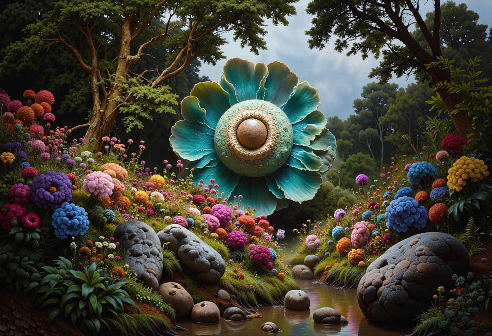 A highly detailed cinematic photography. (in full view:1.2), (seen from a distance, wide angle:0.55), <lora:Midjourney V6.1 meets FLUX:0.4> The style of Frank Herbert,  alien plants, bioluminescent plants. Harmonious madness, synergy with chance, unique art style, mind bending art. Digital painting in a realistic style representing strange visions of A forest, struck by a meteorite that has been altered by radiation coming from the meteor. The forest, once a popular place for walks has transformed into something out of another reality. The trees, plants and animals have all begun to transform into life forms alien to earth. The wild flowers have developed unusual growth patterns, most have become vines. The trees have stayed their usual green color but their shape and size have been altered. Even nonliving things have been altered such as boulders, steel and concrete, some boulders have changed into Sapphire or quartz.    A digital rendering covering the entire area, high-res, ultra detailed, photo manipulation, altered realities, <lora:Midjourney_Whisper_Chromaplex_Velvet_Myst_v01:0.4> <lora:aiai-Glimra-Flux-Dev-v2:0.5> <lora:Epic_gorgeous_Details-flux.1:0.4> <lora:Amazing_scenery_V2:0.35> <lora:Amazing_scenery_v3:0.4> <lora:Karol_Bak_-_ArtStyle_FLUX:0.5> <lora:Strange_and_unsettling-Flux:0.7> <lora:Realism-lora-Flux:0.6> <lora:EnvyDramaticLightingXL02_photo:0.7>