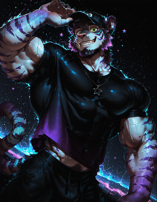 by kihu, masterpiece, best quality, amazing quality, very aesthetic, absurdres, newest, tr1p, expressive, 1boy, solo, anthro, male, mature, bara, (artistic), (chromatic aberration:1.5), (texture:1.5), depth of field, (motion blur), (particles), dutch angle, dynamic, color splash, stars, nebula, glow, outline,
tiger, black beard, (beard:1.4), bald, green eyes, tail, smiling facial expression with star, looking at viewer, (extremely muscular male:1.3), (extremely defined muscles:1.6), (masculine face:1.3),
x baseball cap, tag necklace, lifts shirt,
(colorful gradient tiger stripes:1.5), dark background, lowkey, faded, 2D,  color silhouette, 
<lora:Trap_the_scrap:1>
